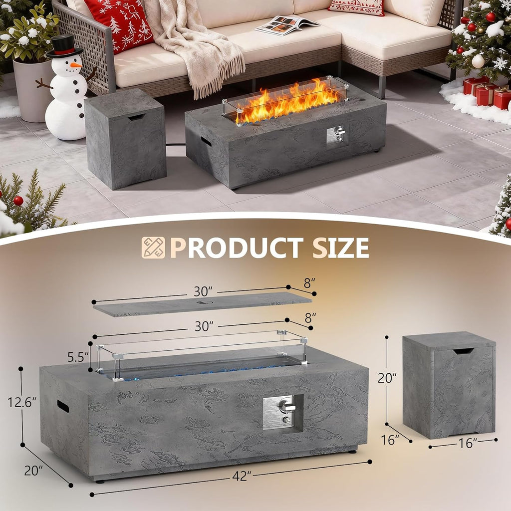 Dineli 2-Piece Outdoor Propane Fire Pit Table Set w Tank Table 42'' Rectangular Firepit with 50,000 BTU Output Gas Fire Pits for Outside Patio Fire Table Tabletop Fire Pits, Gray- Rock Veins
