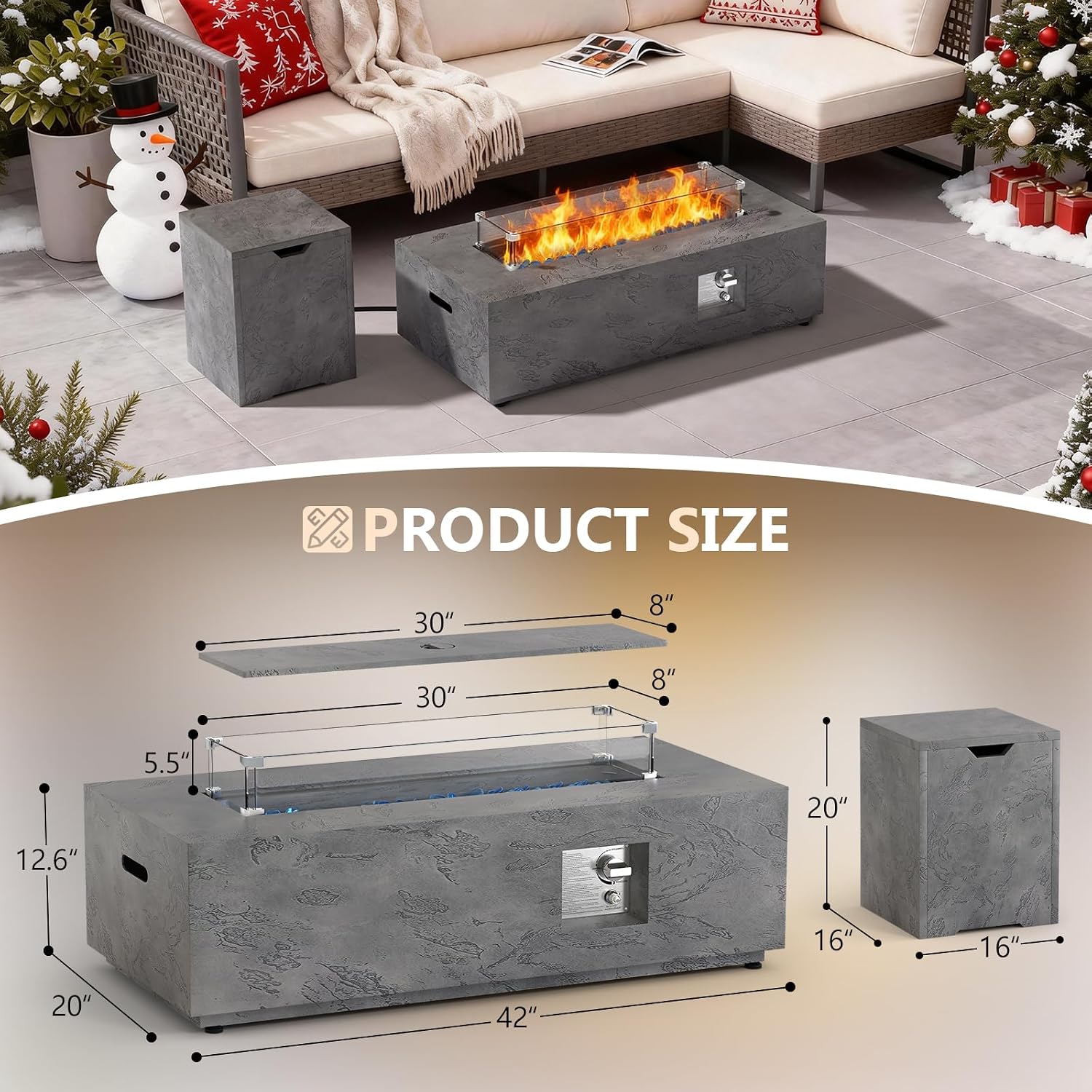 Dineli 2-Piece Outdoor Propane Fire Pit Table Set w Tank Table 42'' Rectangular Firepit with 50,000 BTU Output Gas Fire Pits for Outside Patio Fire Table Tabletop Fire Pits, Gray- Rock Veins