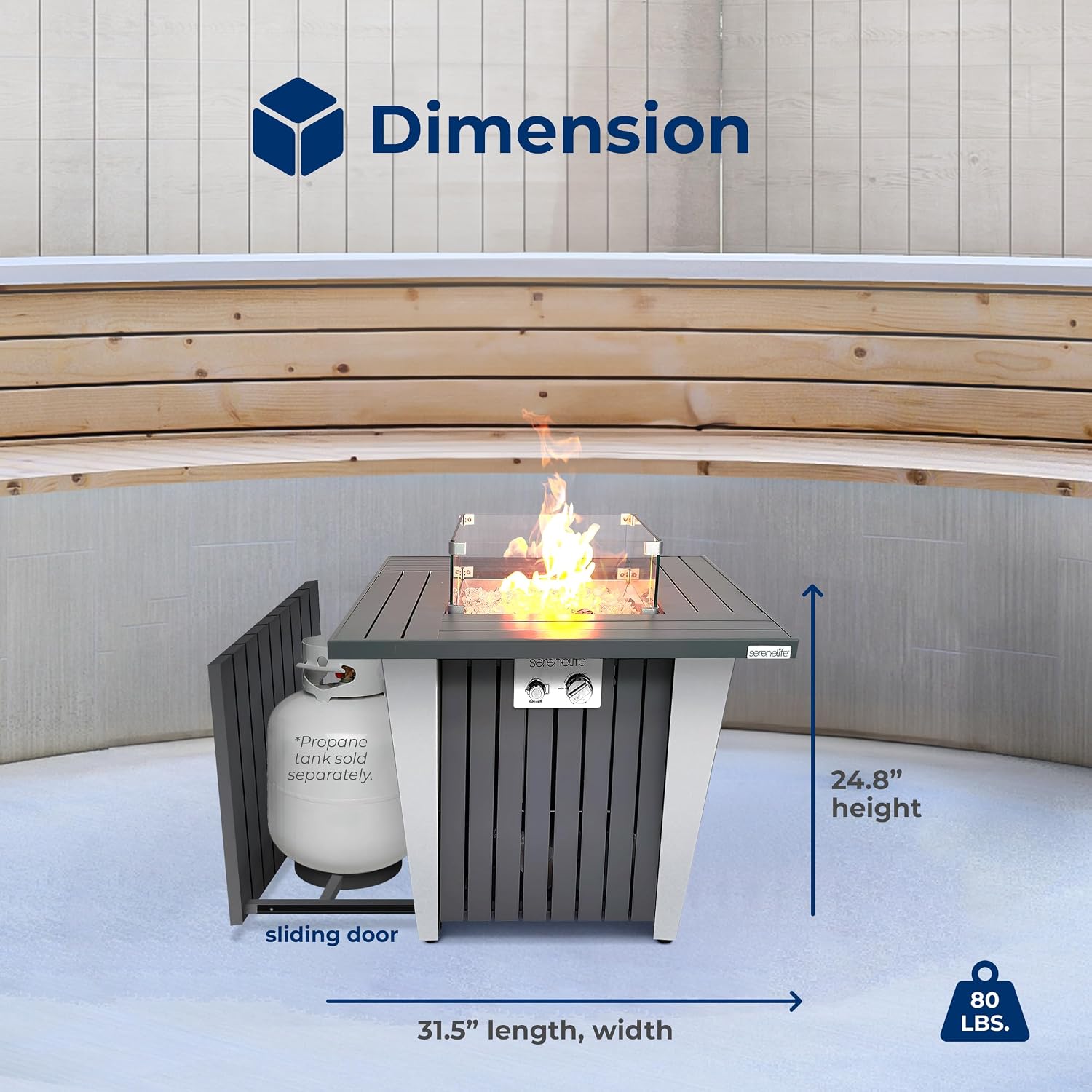 SereneLife Propane Fire Pit Table 50,000 BTU with Sturdy Metal Frame, Stainless Steel Fire Pan, Decorative Glass Rocks, Weather Cover, CSA Certified for Patio, Backyard, or Garden Use