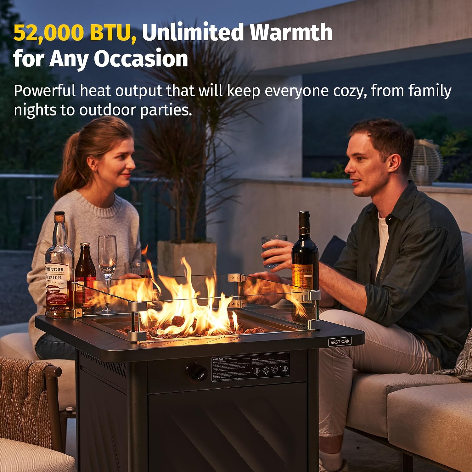 East Oak 28' Outdoor Propane Fire Pit Table | 52,000 BTU Gas Fire Pit for Outside with Easy-Hook Lid, Mesh Pocket & Lava Rocks | CSA Certified | Ideal for Patio, Garden & Backyard | Black