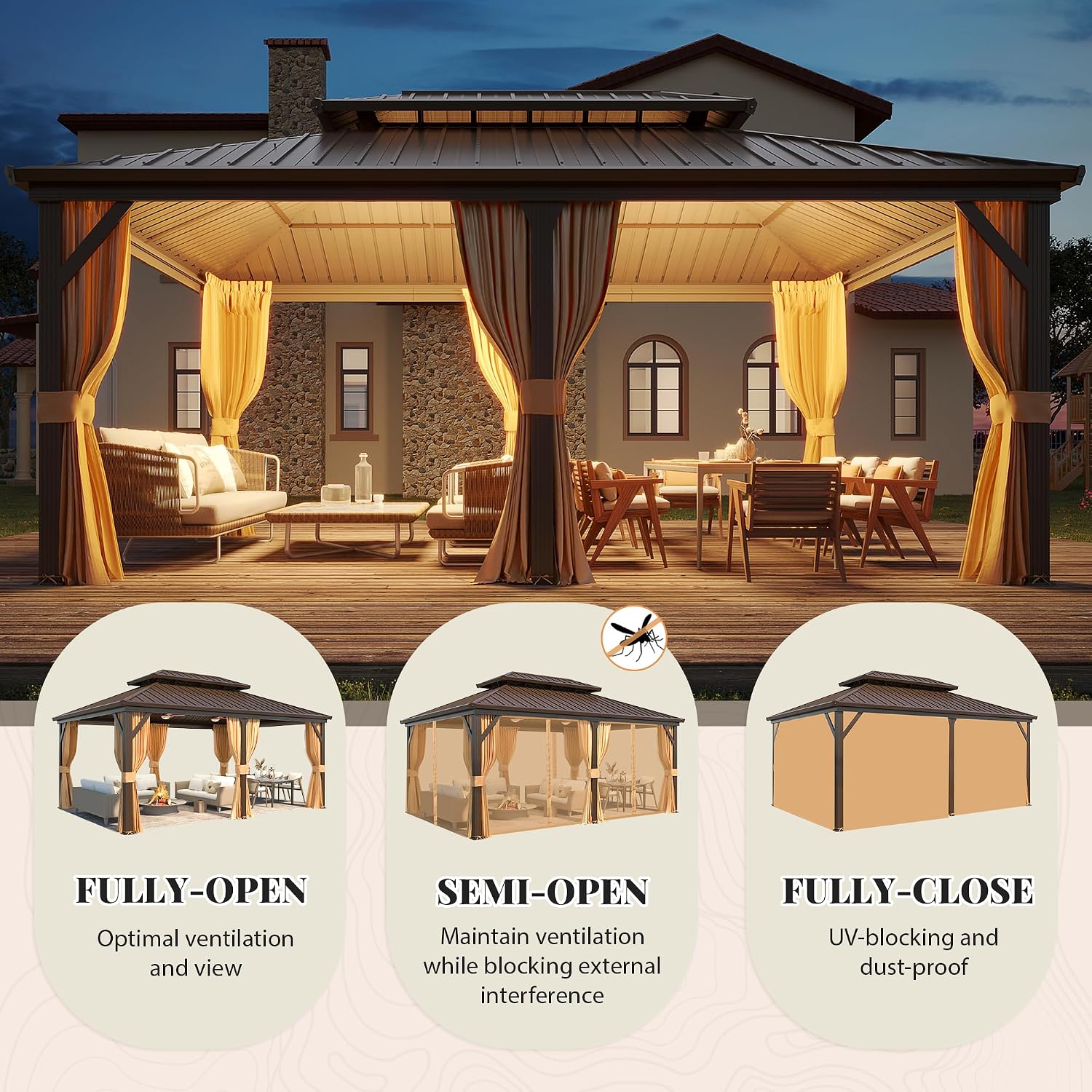 YOLENY 12' x 18' Hardtop Gazebo, Metal Gazebo with Aluminum Frame, Double Galvanized Steel Roof, Curtains and Netting Included, Metal Gazebos Pergolas for Patios, Garden, Parties, Lawns