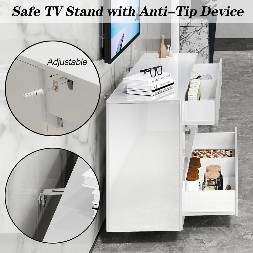 High Gloss TV Stand with 2 Large Drawers & Push-Open Doors - High Gloss Modern TV Console Storage Cabinet for Living Room, Office