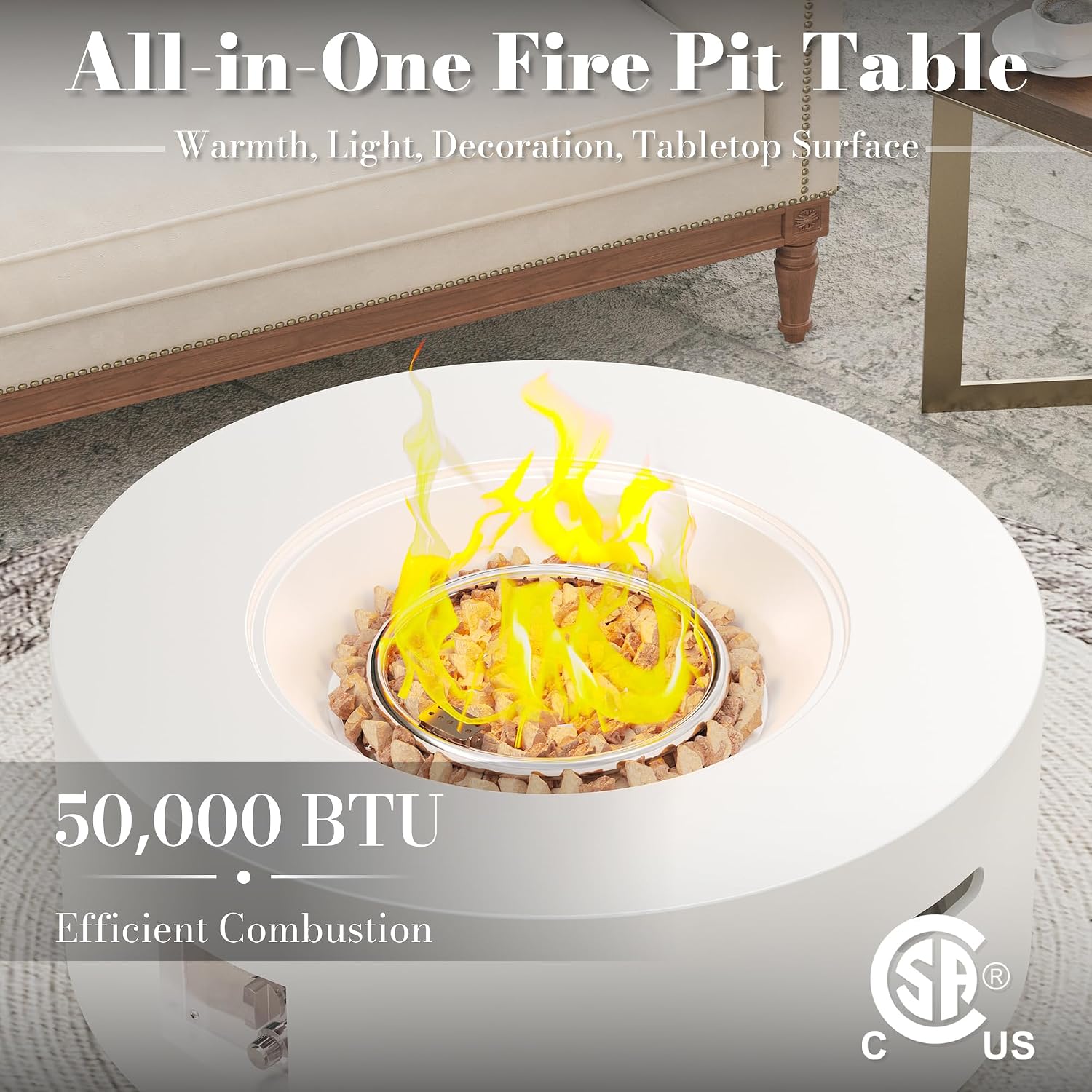 32.5 Inch Propane Fire Pit Table, 50,000 BTU Round Patio Fire Pit Table Outdoor, CSA Certified, Stainless Burner with Steel Lid, Waterproof Cover & Lava Rocks, for Garden Backyard, White
