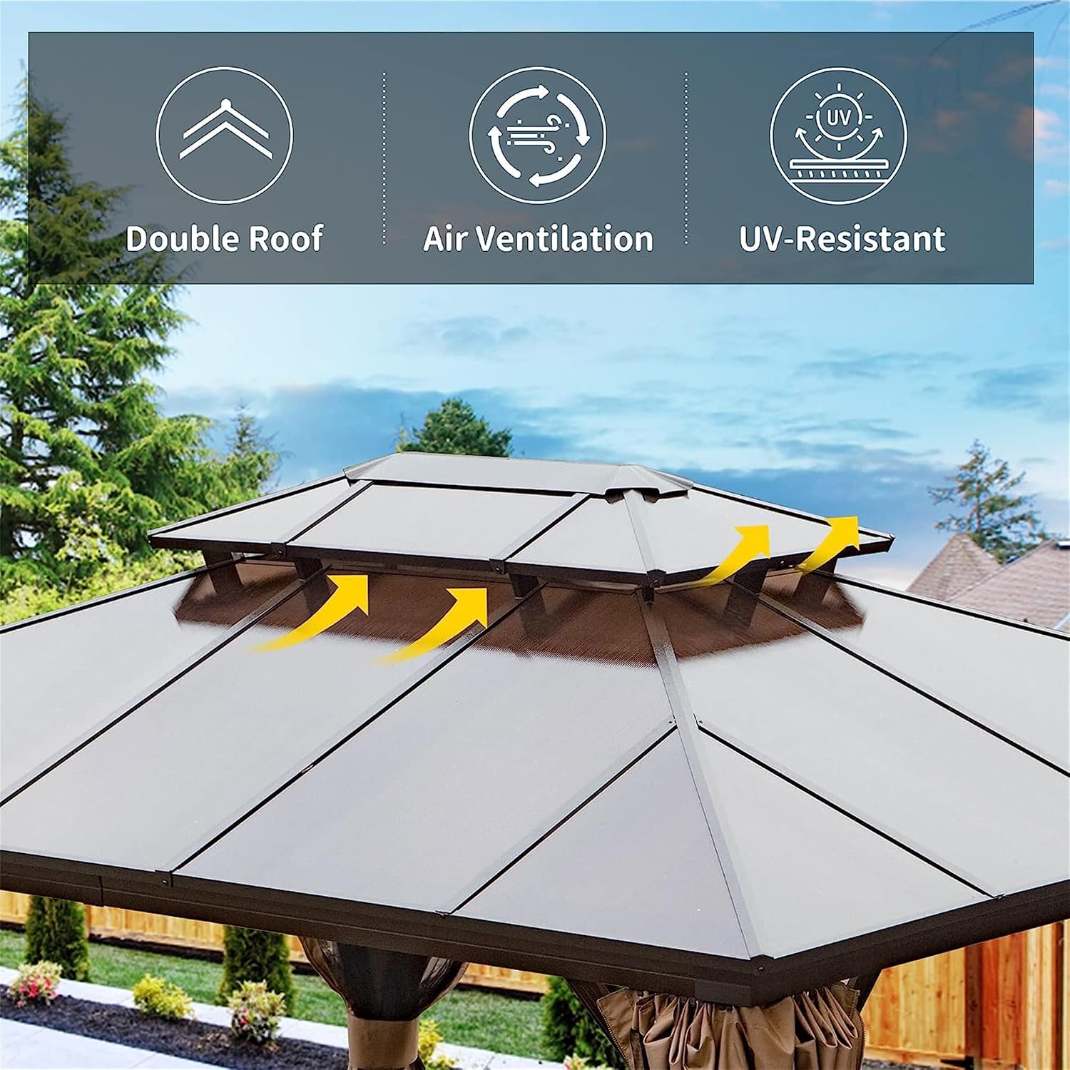 10x12Ft Hardtop Gazebo Outdoor Patio Gazebo with Polycarbonate Double Roof Aluminum Frame Pavilion with Curtain and Netting for Garden Patio Lawns Deck Backyard, Brown