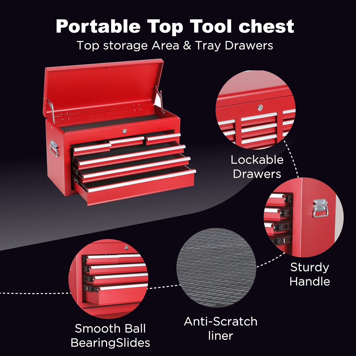 Tool Chest, 8-Drawer Rolling Tool Storage Cabinet with 2 in 1 Detachable Top Tool Box, Liner, Lockable Wheels, Side Hooks, Locking Mechanism, Metal Tool Cart for Garage