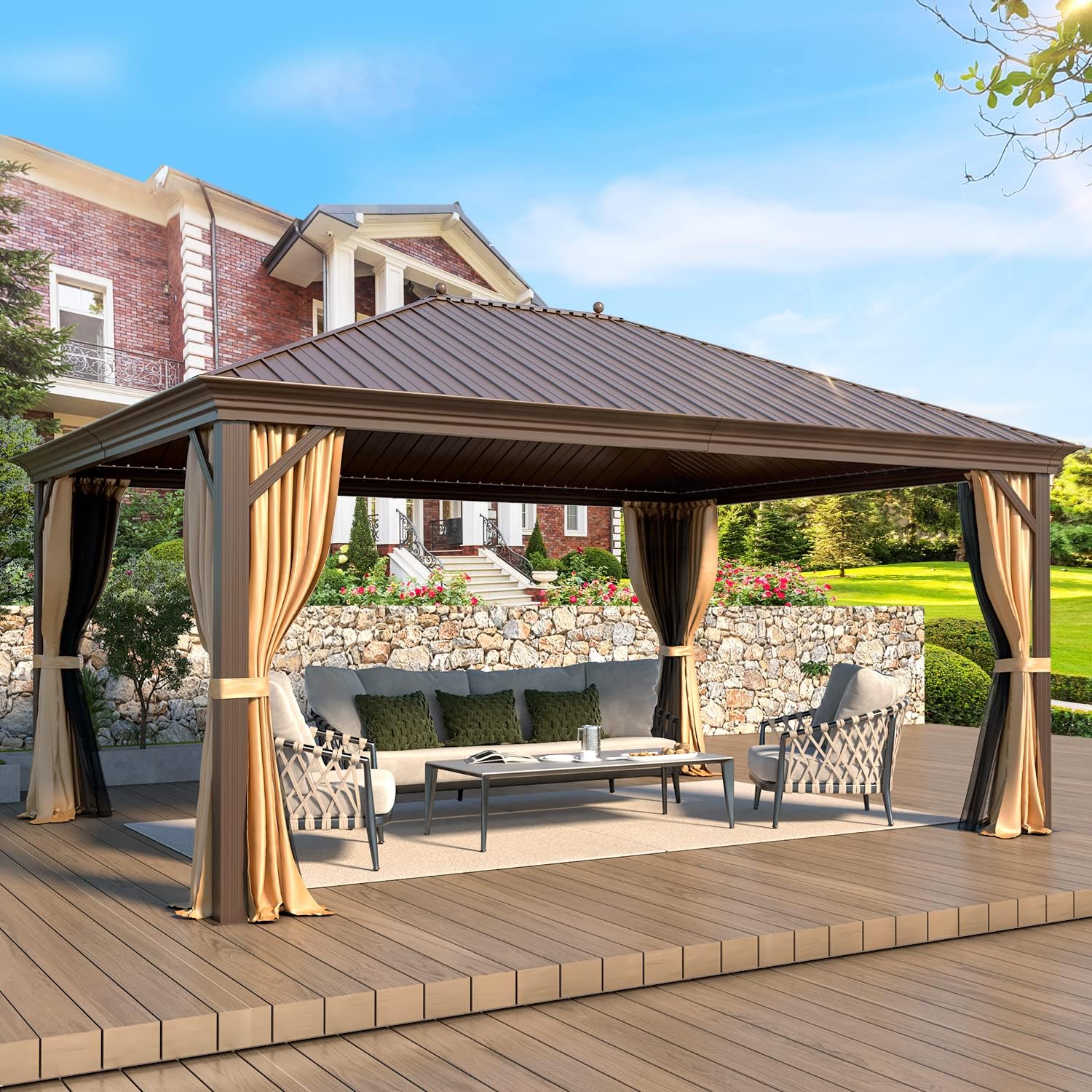 YOLENY 12' X 16' Hardtop Gazebo Galvanized Steel Outdoor Patio Canopy Permanent Gazebos with Single Roof Aluminum Frame, Netting & Curtains for Garden, Patio, Lawns, Deck