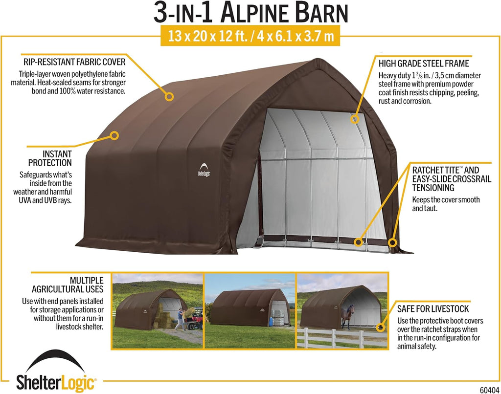 ShelterLogic 13' x 20' x 12' Alpine Barn Outdoor Animal Shelter with Waterproof Cover, All-Weather Outdoor Storage Shed for Animals, Agriculture, and Farm Equipment, Brown