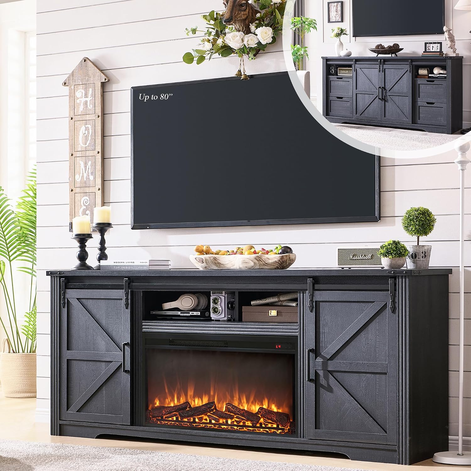 JXQTLINGMU Farmhouse Fireplace TV Stand for 80 Inch TV, 32' Tall Entertainment Center w/Drawer & Sliding Barn Door, 70 Inch Highboy Media Console for Living Room, Black