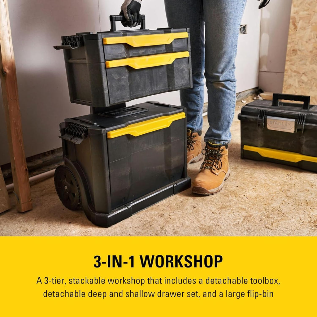 STANLEY Rolling Workshop Toolbox, Detachable Toolbox with Drawers, Flip Bin, Back Pocket, 7 Heavy Duty Wheels, 1-79-206
