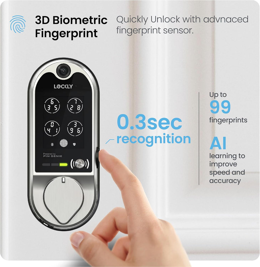 Lockly Vision Smart Lock, HD Video Doorbell Smart Locks for Front Door, Fingerprint Door Lock, Touchscreen Keypad, App Control, No Monthly Fee, Auto Lock - Satin Nickel