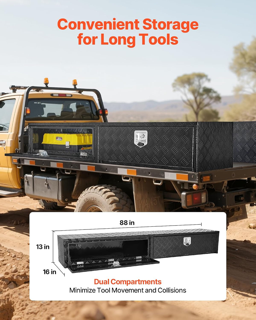 VEVOR Truck Tool Box, 88 x 16 x 13 Inch, Black Aluminum Tread Topsider Toolbox with Dual Drop Doors, Heavy Duty Lockable Storage and Organization Box with Latch, Corrosion-Resistant, for Truck Bed