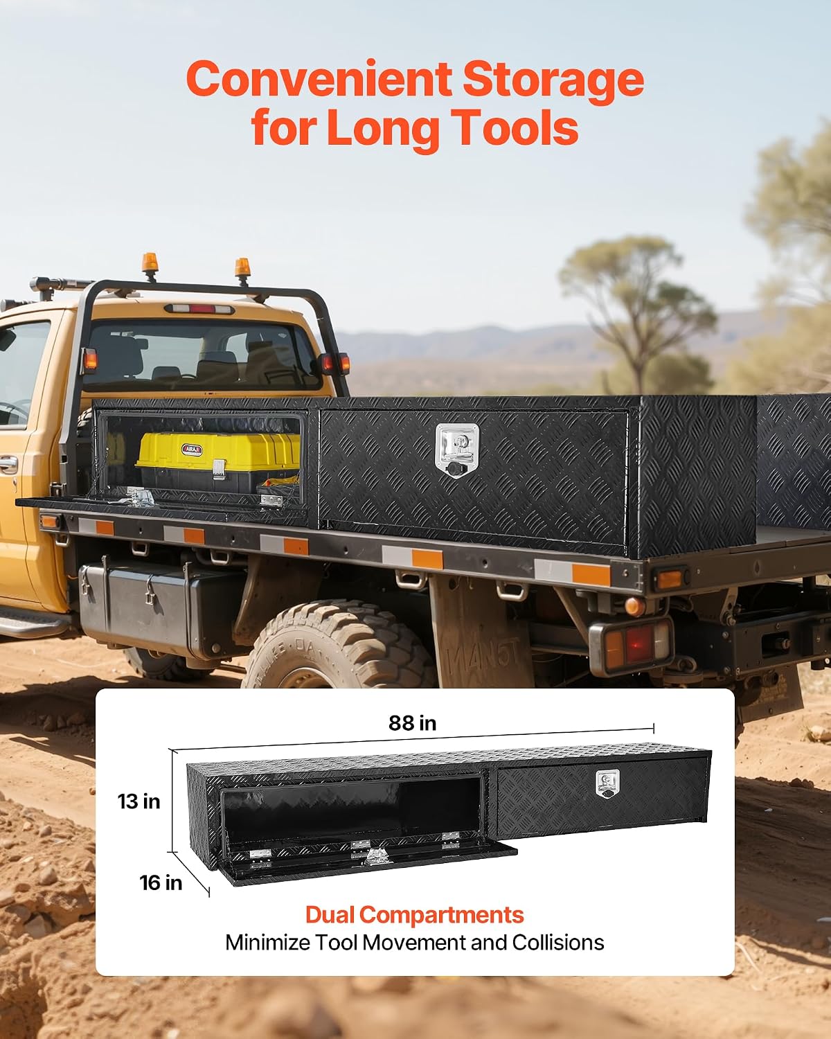 VEVOR Truck Tool Box, 88 x 16 x 13 Inch, Black Aluminum Tread Topsider Toolbox with Dual Drop Doors, Heavy Duty Lockable Storage and Organization Box with Latch, Corrosion-Resistant, for Truck Bed
