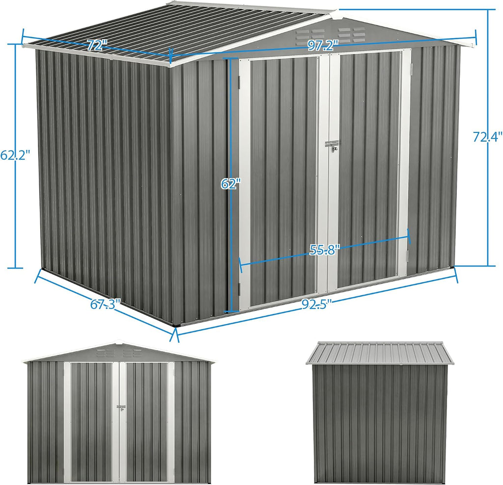 8x6 FT Outdoor Waterproof Garden Tool Storage Sheds with Metal Foundation with Floor Frame, Tool Shed with Lockable Hinged Doors & Air Vents, Storage House Waterproof for Backyard, Lawn, Gray