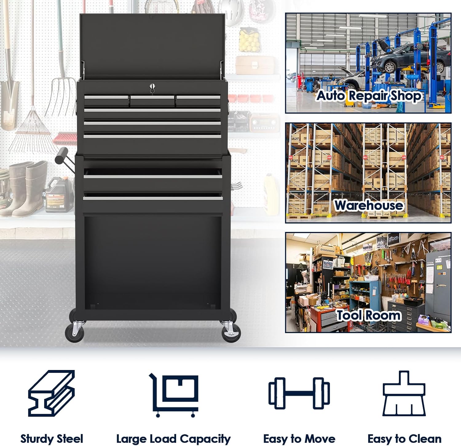 8-Drawer Rolling Tool Chest, High Capacity Removable Tool Storage Cabinet, Detachable Toolbox with Lock for Garage Warehouse and Tool Room (Black)