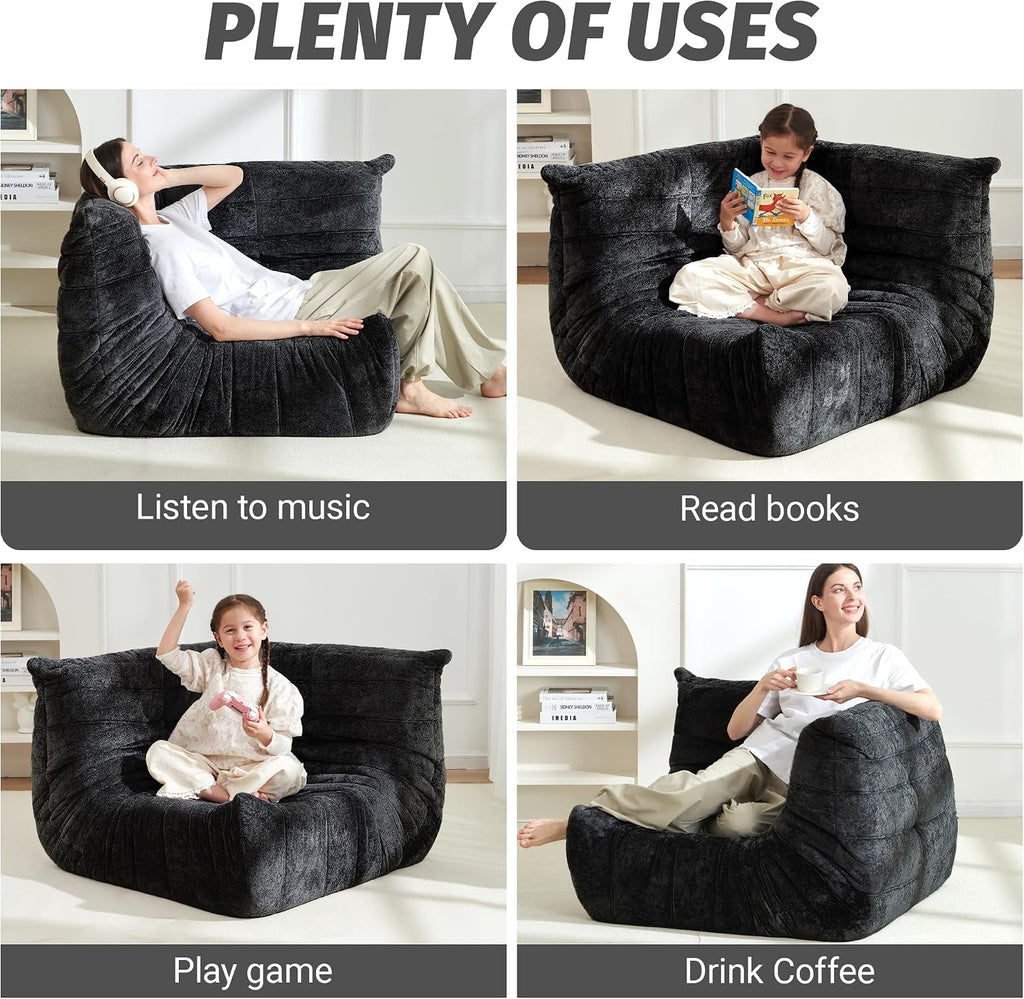 Homguava Bean Bag Chair, Giant Beanbag Chairs for Adults, Memory Foam Fireside Chair, Large Lazy Floor Sofa, Corner Chair with High-Rebound Foam, Lounge Chair for Living Room, Bedroom (Black, Corner)