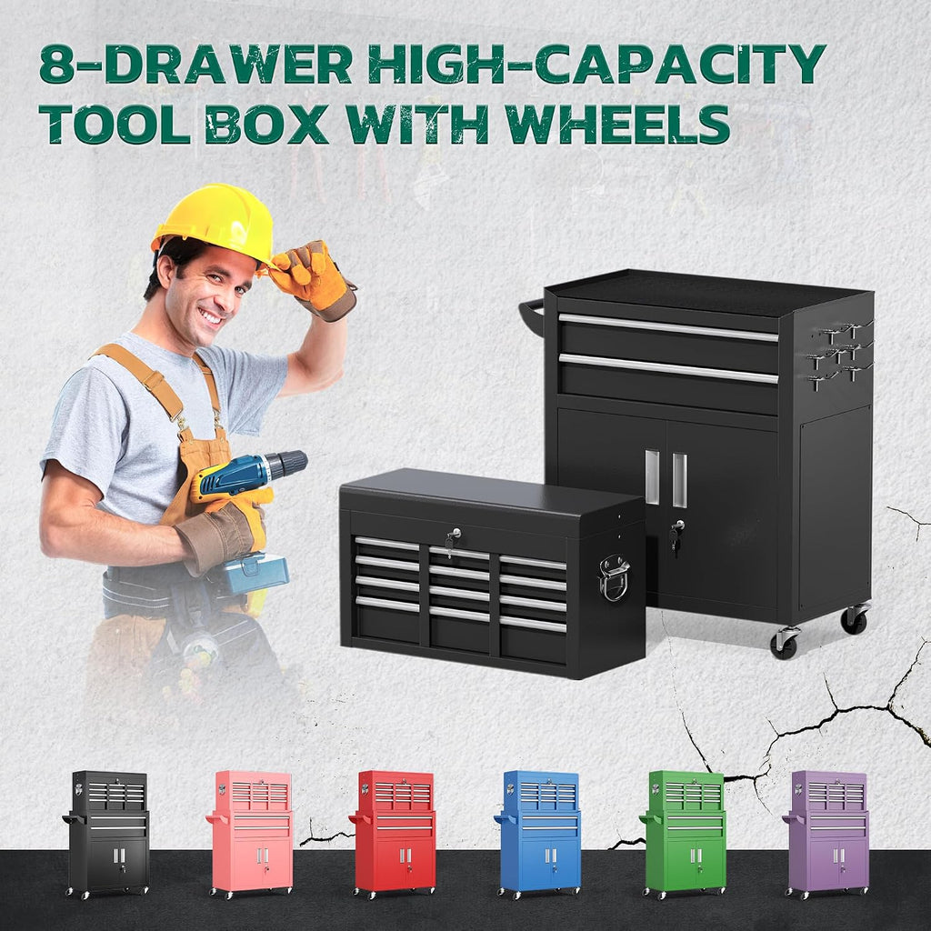 Greenvelly Metal Tool Chest,8-Drawer Rolling Tool Cart with Wheels,2 in 1 Detachable Tool Cabinets,Tool Box,Liners and Locking System for Garage,Warehouse,Workshop, Barbershop(Black)
