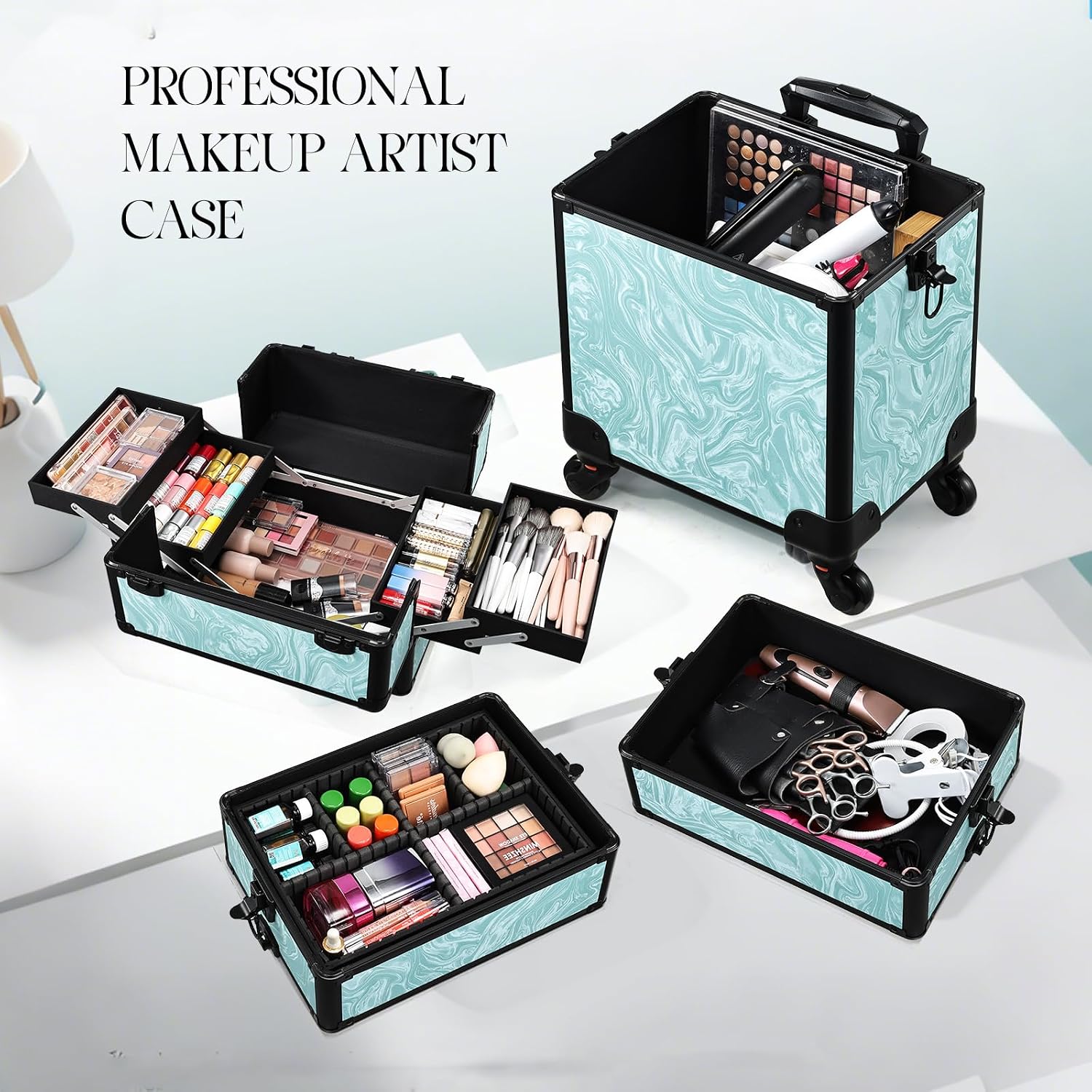 Yueieoun Rolling Makeup Case, 4 in 1 Makeup Case on Wheels, Professional Makeup Trolley, Cosmetic Train Case Makeup Cart Travel Trolley with Key for MUA, Hairstylists, Nail Tech, Turquoise Vitality