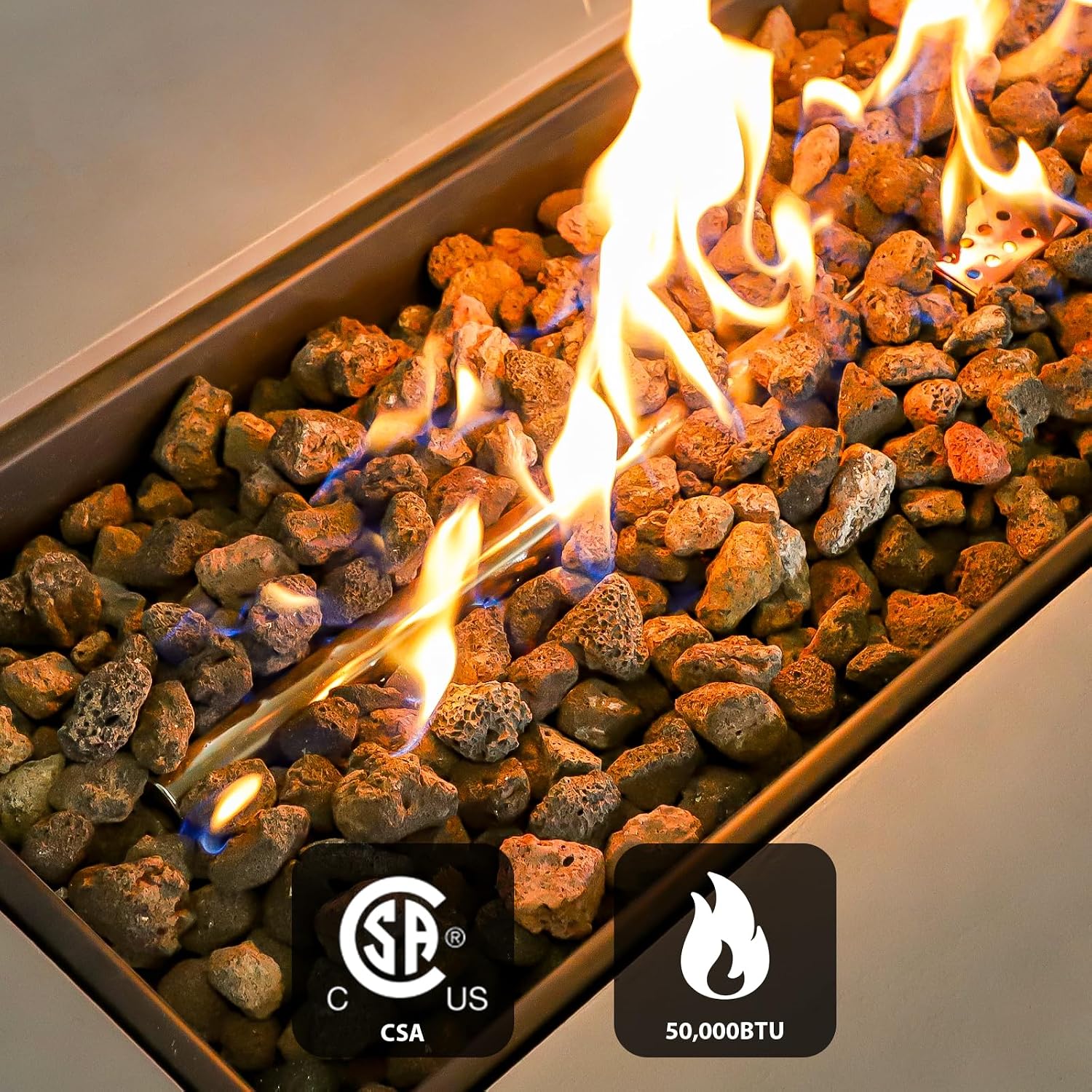 60-inch Fire Pit Table w/Tank Cover, 2-Piece Outdoor Propane/Natural Gas Firepit for Outside Patio, Included SUS201 Rectangle Burner, Auto-Ignition, Metal Lid, Rain Cover（50,000 BTU, Grey）