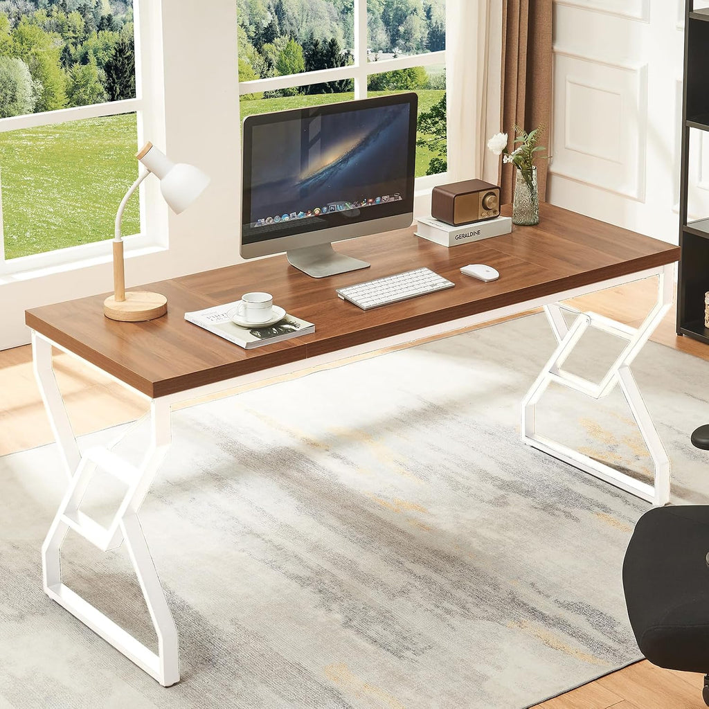 HOMISSUE 63-inch Executive Desk, Large Writing Desk with Engineered Wood Tabletop and Metal Frame, Rustic Home Office Desks with Sturdy Structure, Long Computer Desks for Home Office, Study Room,White
