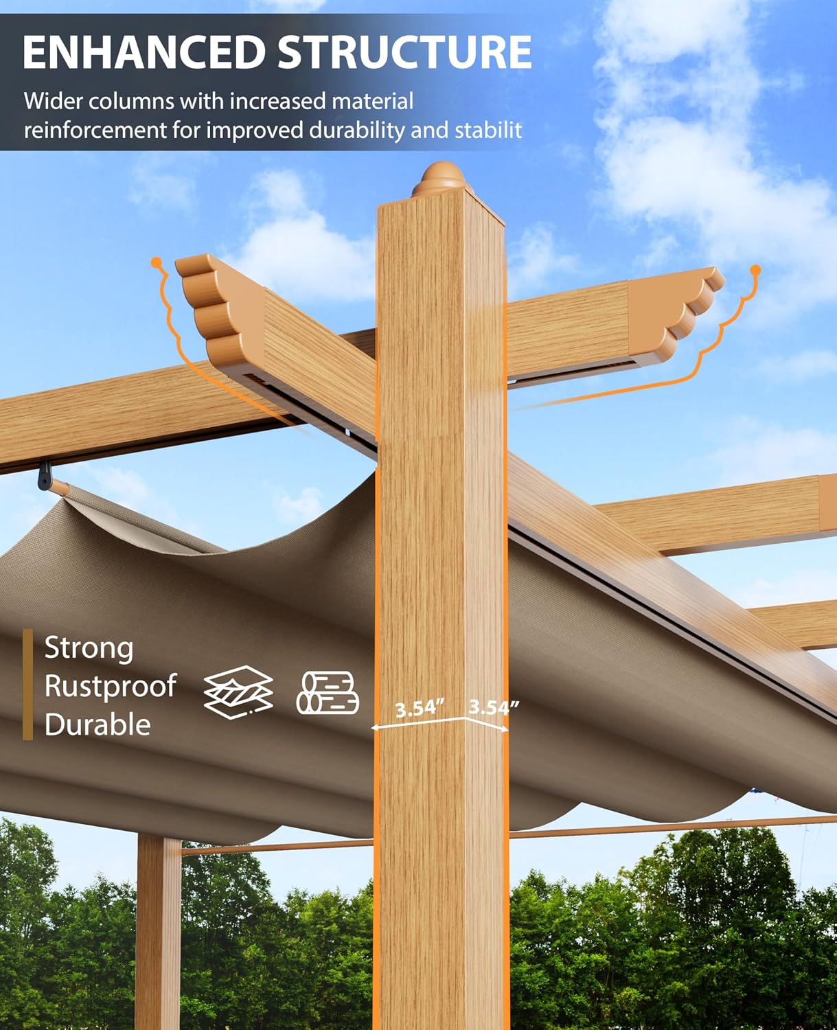 GarveeLife 10x10 ft Outdoor Pergola with Retractable Canopy Upgraded Outdoor Aluminium Pergola, Faux Wood Grain Metal Patio Gazebo for Modern Backyard Deck for Porch, Awning, Grape Trellis, Khaki