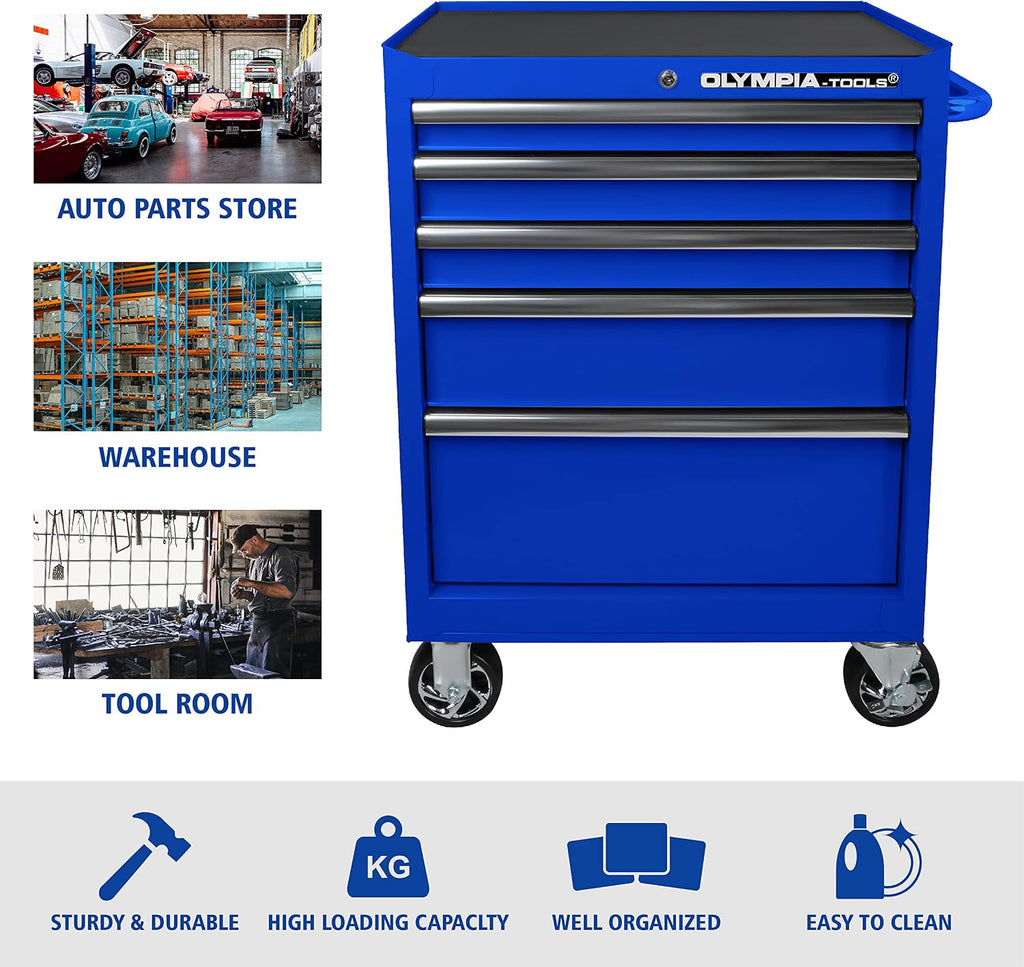 Olympia Tools 5-Drawer Tool Chest, 27-Inch Rolling Metal Tool Storage Cabinet with Casters, Locking System, Drawer Liner, 600 lbs Load Capacity, Blue