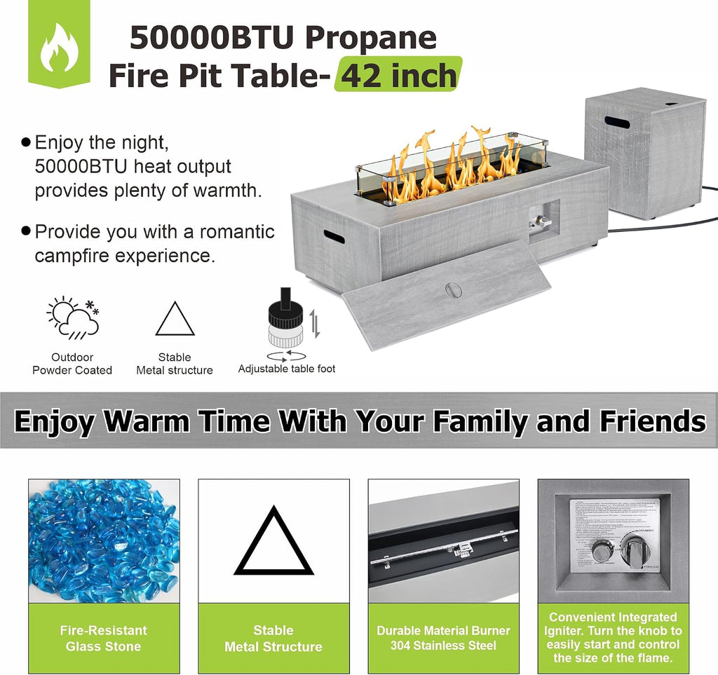 Dineli 2-Piece Outdoor Propane Fire Pit Table Set w Tank Table 42'' Rectangular Firepit Gas Fire Pits for Outside Patio Fire Table Tabletop Fire Pits, 50,000 BTU, Light Gray