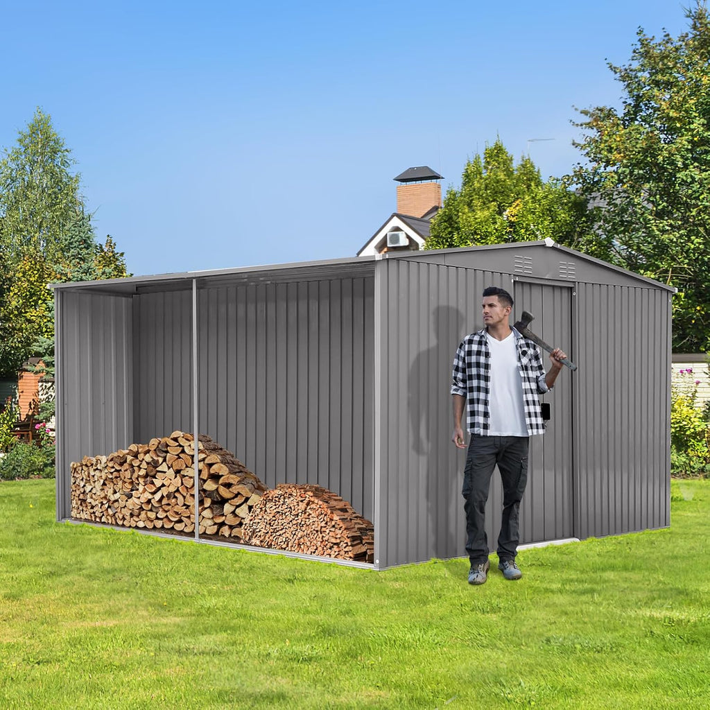 13x11 FT Metal Storage Shed, Outdoor Storage Shed with Window & Apex Roof, Lockable Door for Garden, Backyard, Lawn, and Utility Shelter, Weather-Resistant, Easy to Set Up, Grey