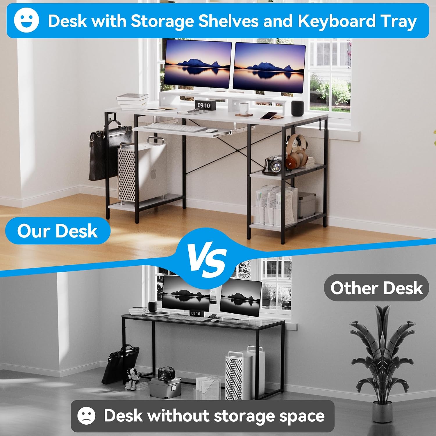 HYPIGO Computer Desk with Keyboard Tray, 55 Inch Music Studio Desk Music Production Desk with Storage Shelves Monitor Stands and 4 Iron Hooks, Workstation Gaming Table for Home Office