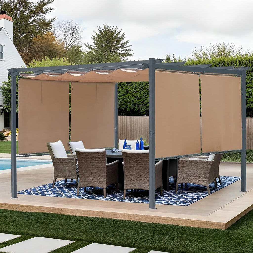 Aoodor 10 x 12 ft Outdoor Pergola with Retractable Shade Canopy, Matte Aluminum Frame, 4 Roller Shade Curtains, Grape Trellis for Patio, Backyard, Garden, and Deck, Brown