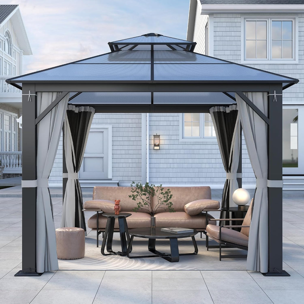 10'x10' Hardtop Gazebo, Outdoor Polycarbonate Double Roof Gazebos with Netting and Curtains, Heavy Duty Metal Pavilion for Patio, Backyard, Deck and Lawn