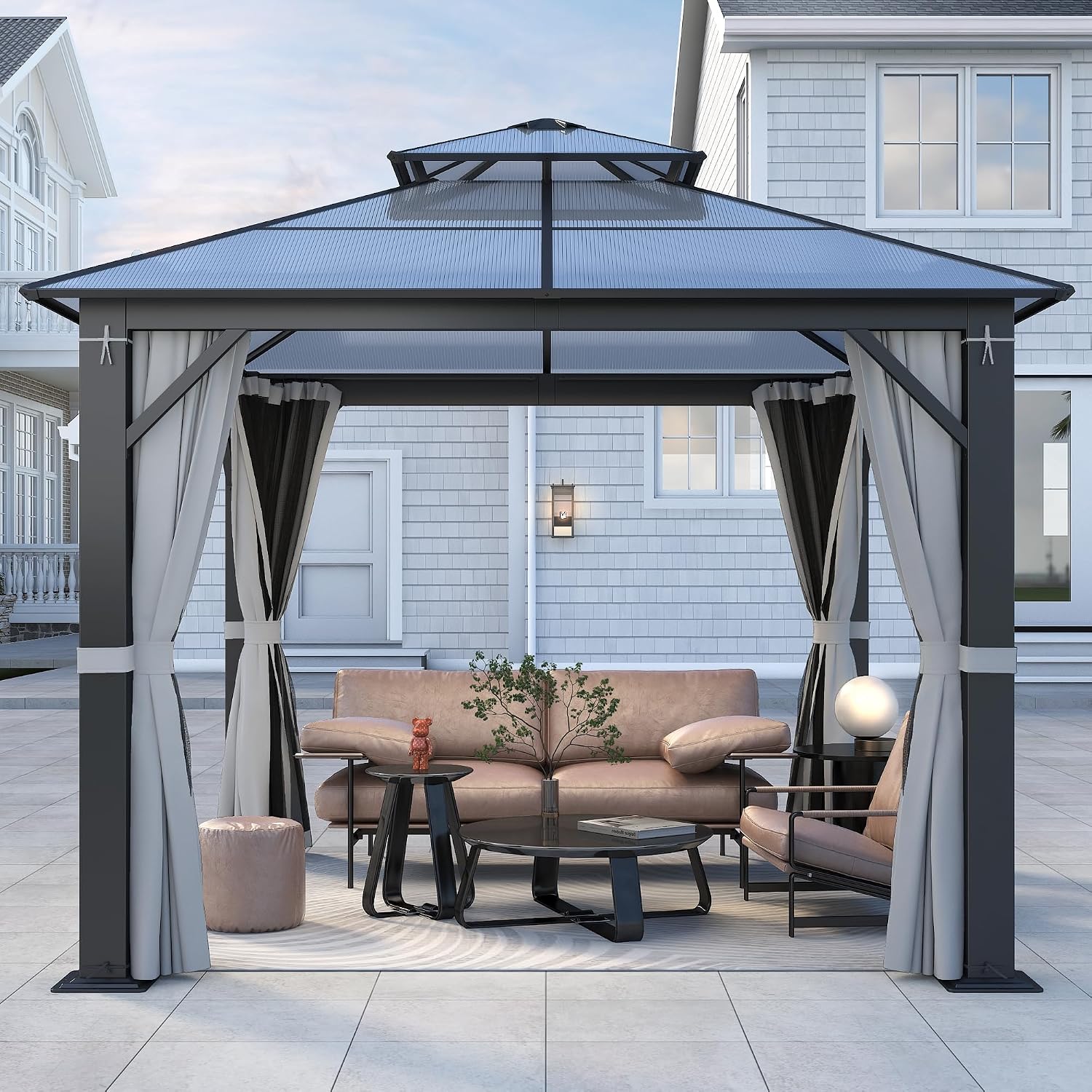 10'x10' Hardtop Gazebo, Outdoor Polycarbonate Double Roof Gazebos with Netting and Curtains, Heavy Duty Metal Pavilion for Patio, Backyard, Deck and Lawn