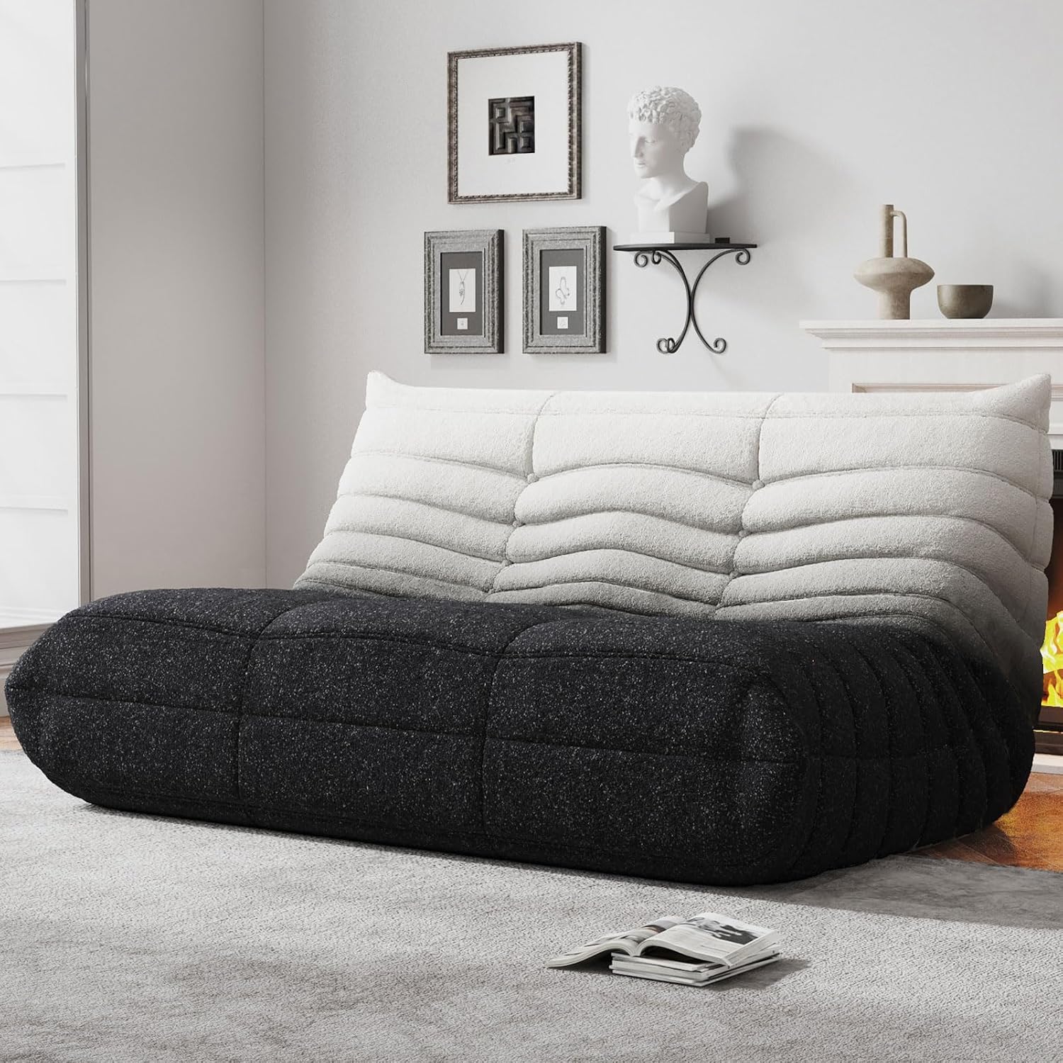 WHGBJA Bean Bag Chairs for Adults, Memory Foam Couch Loveseat Sofa Chair, Soft Teddy Material Cozy Comfy Reading Nook Chairs, Floor Chair for Living Room Bedroom Office(Black-White)