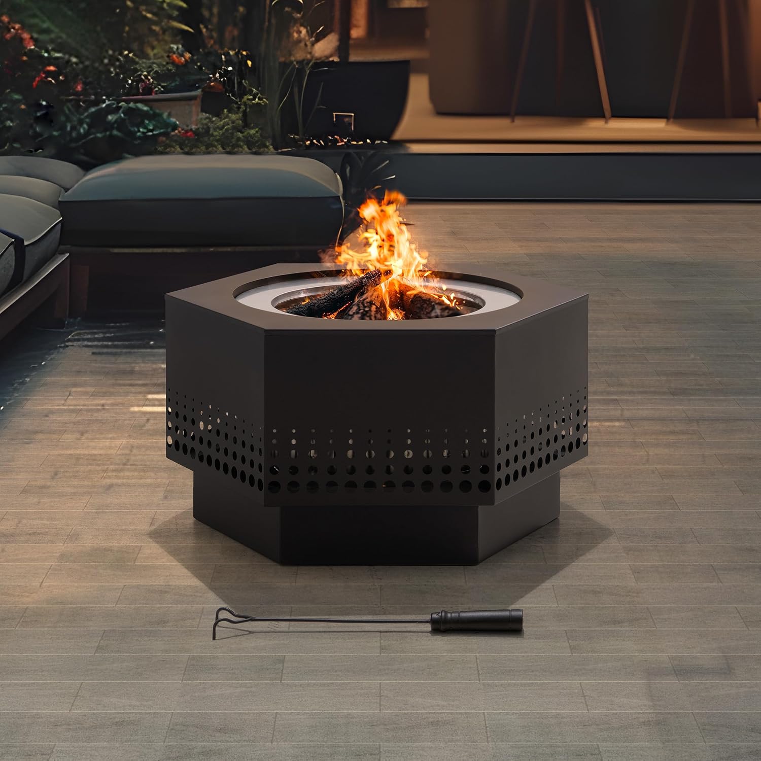 SUNJOY Smokeless Fire Pit 28-Inch Hexagonal Firepit for Outdoor, Stainless Steel Wood Burning Fireplace with Removable Ash Pan, PVC Cover and Fire Poker, Ideal for Camping, Bonfire, Backyard, Black