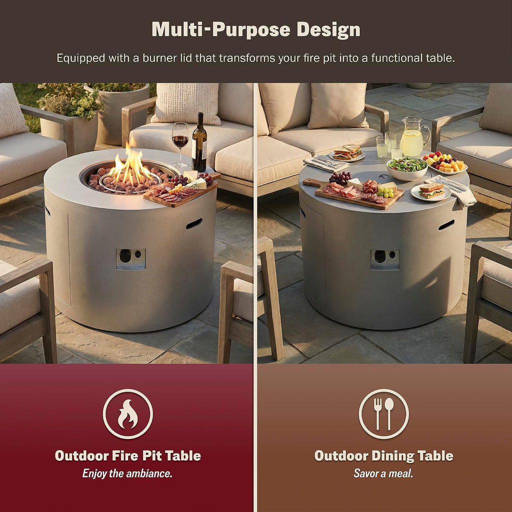 32' Propane Fire Pit Table Round Smokeless w/Lid Alloy Steel Outdoor Gas Firepit Table 50,000 BTUs Includes Lava Rocks and Weatherproof Cover for Wooden Deck Backyard and Pool (Grey)