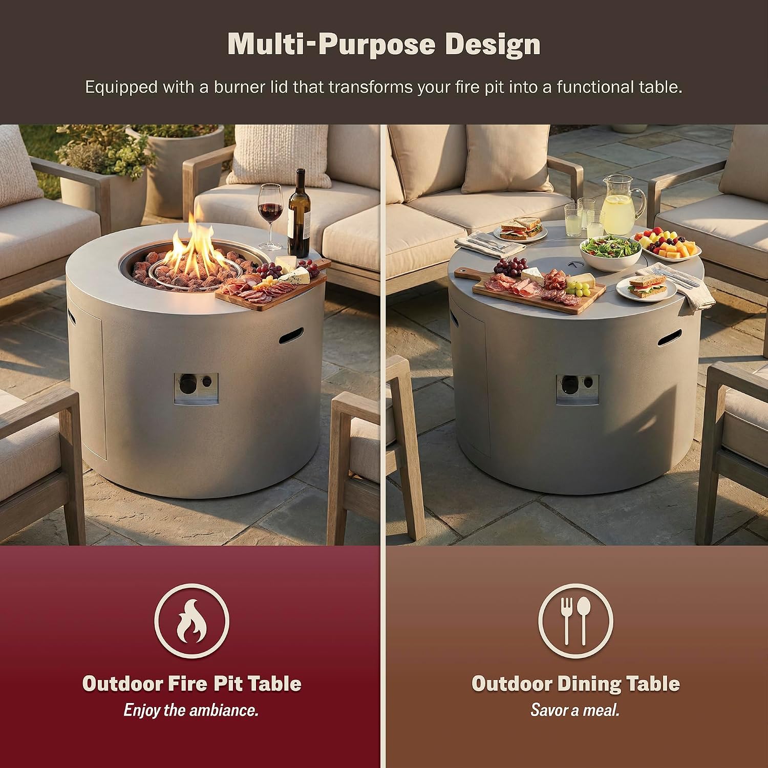 32' Propane Fire Pit Table Round Smokeless w/Lid Alloy Steel Outdoor Gas Firepit Table 50,000 BTUs Includes Lava Rocks and Weatherproof Cover for Wooden Deck Backyard and Pool (Grey)