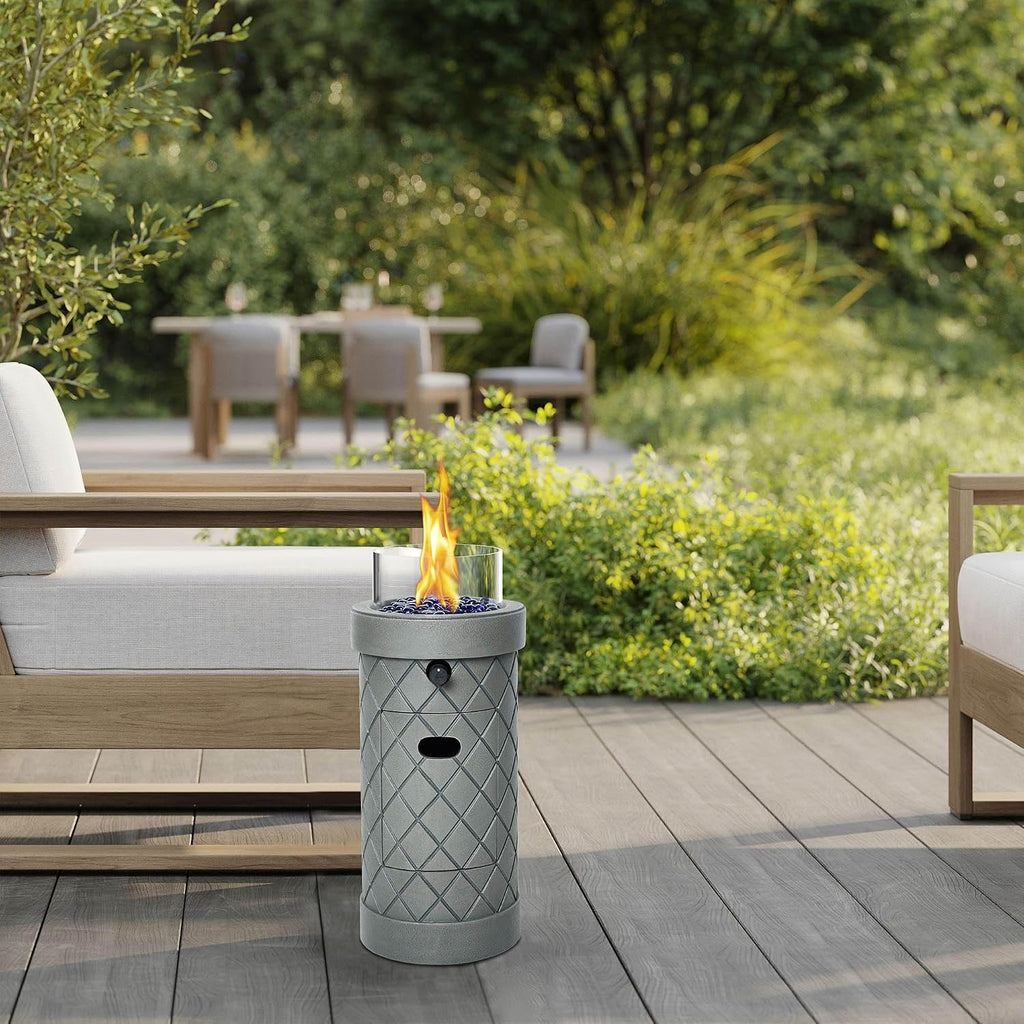 1 lb Column Propane Fire Pit, 10,000 BTU Gas Fire Pit, Outdoor Firepit for Patio w/Wind Glass Shield, Glass Rocks
