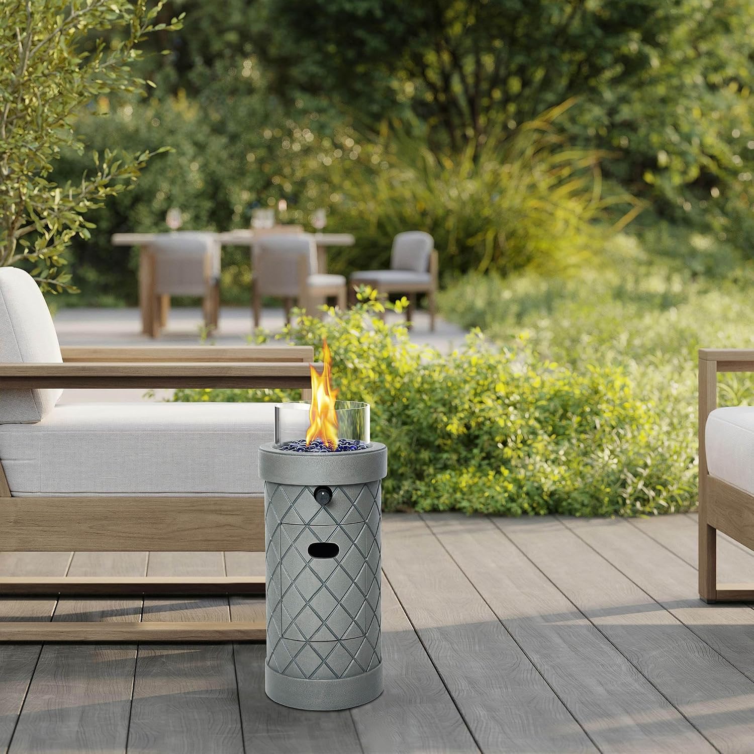 1 lb Column Propane Fire Pit, 10,000 BTU Gas Fire Pit, Outdoor Firepit for Patio w/Wind Glass Shield, Glass Rocks