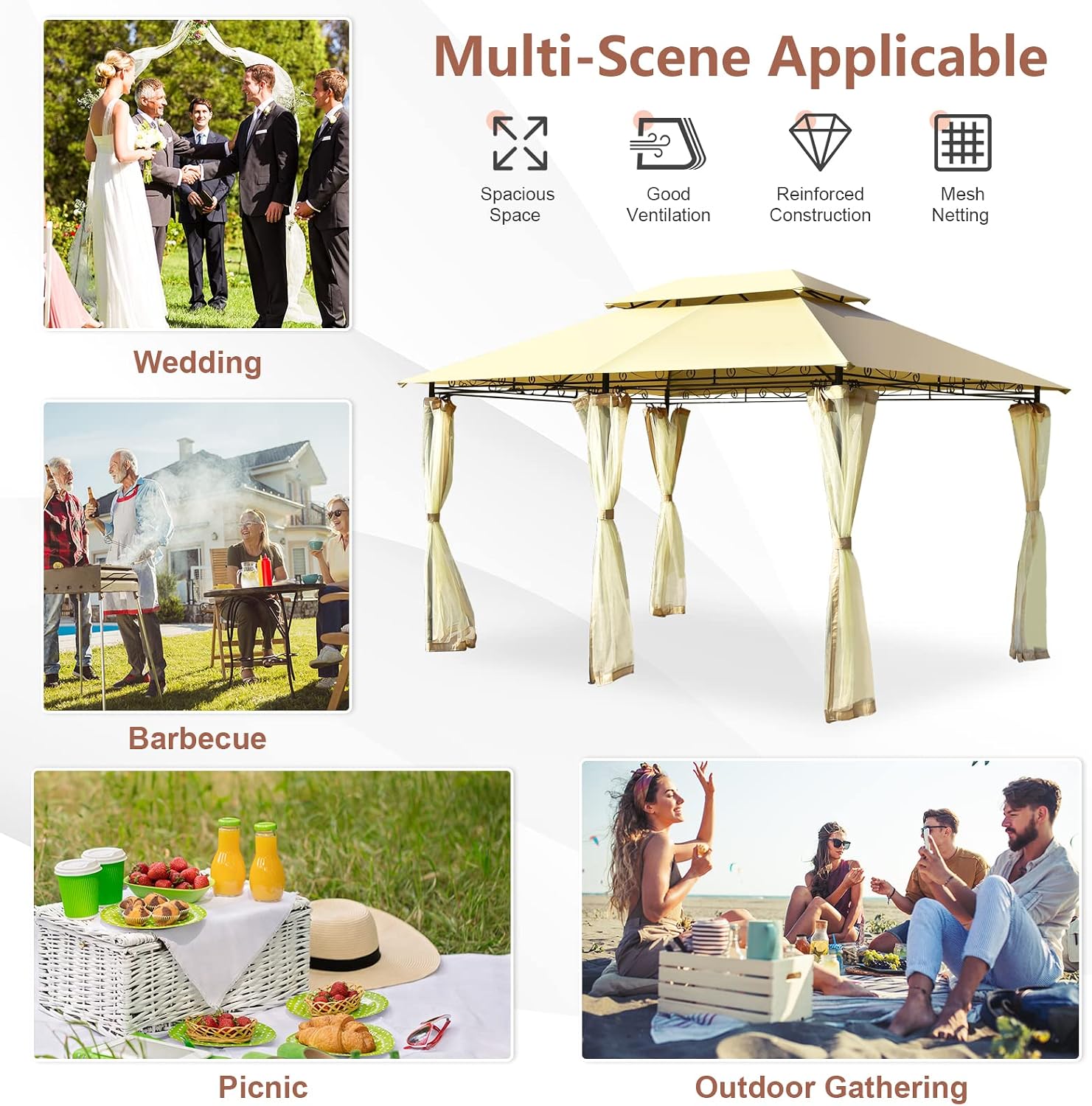 Tangkula 10 x 13 FT Patio Gazebo, 2-Tier Outdoor Gazebo with Removable Netting, Outdoor Patio Shelter with 130 Square Feet of Shade, Ideal for Backyard, Deck, Garden Beige