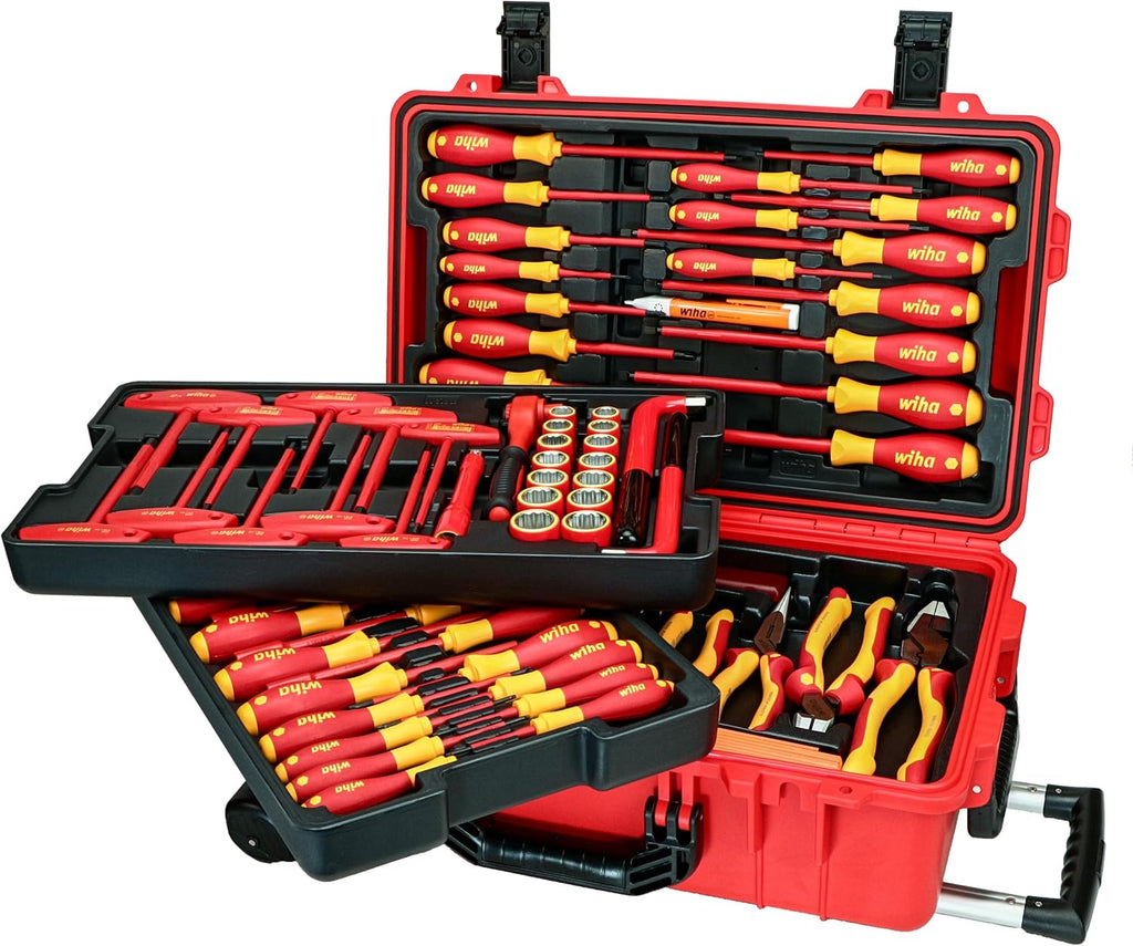 Wiha 32800 Insulated Electrician Tool Set – 80-Piece VDE Screwdriver, Pliers, Socket & Nut Driver Kit with Rolling Case, 1000V Rated, 10,000V Tested
