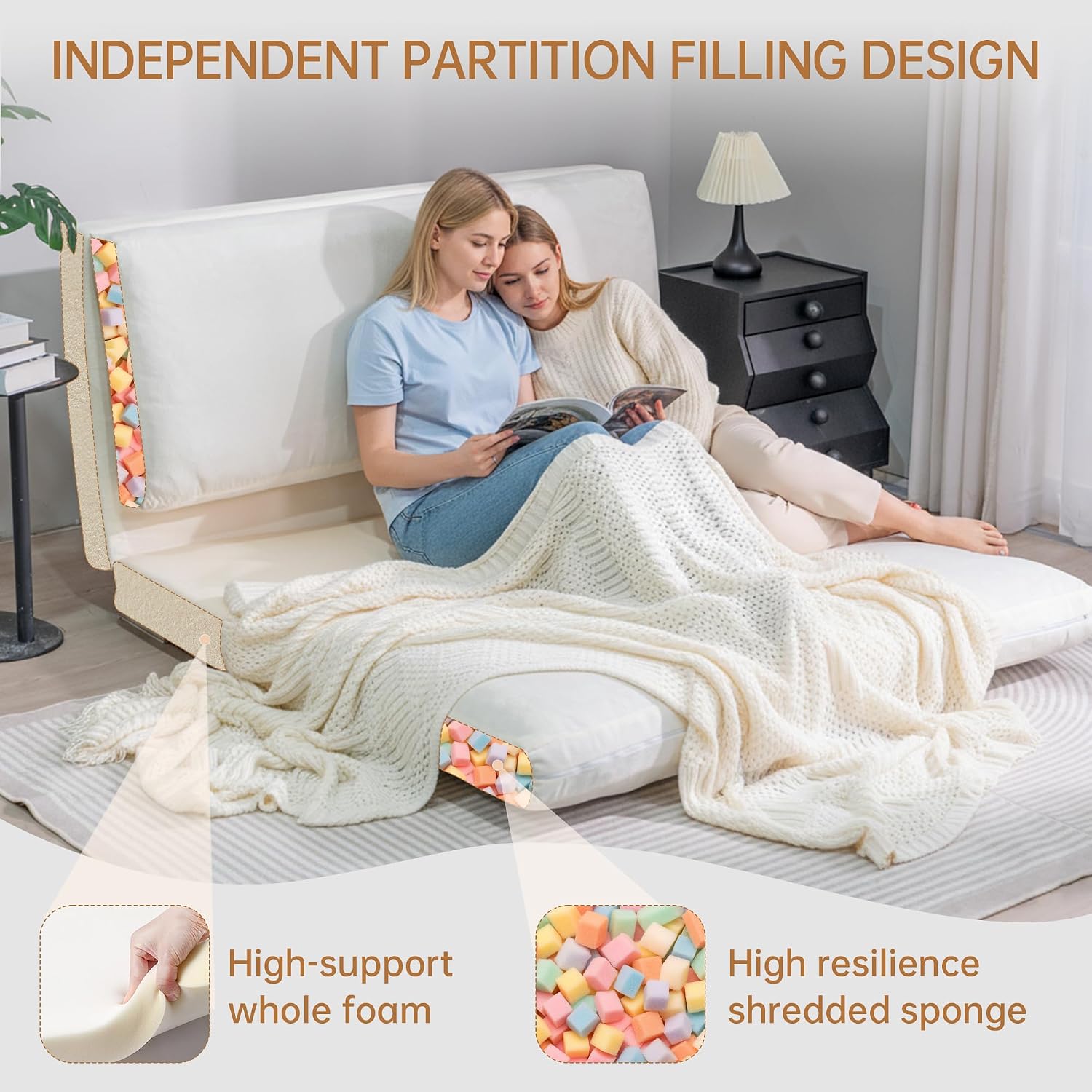 Cvortll 4-in-1 Folding Sofa Bed, Memory Foam Bean Bag Chair, Large Convertible Couch for Adults Bedroom, Living Room, Apartment (Beige-Large)