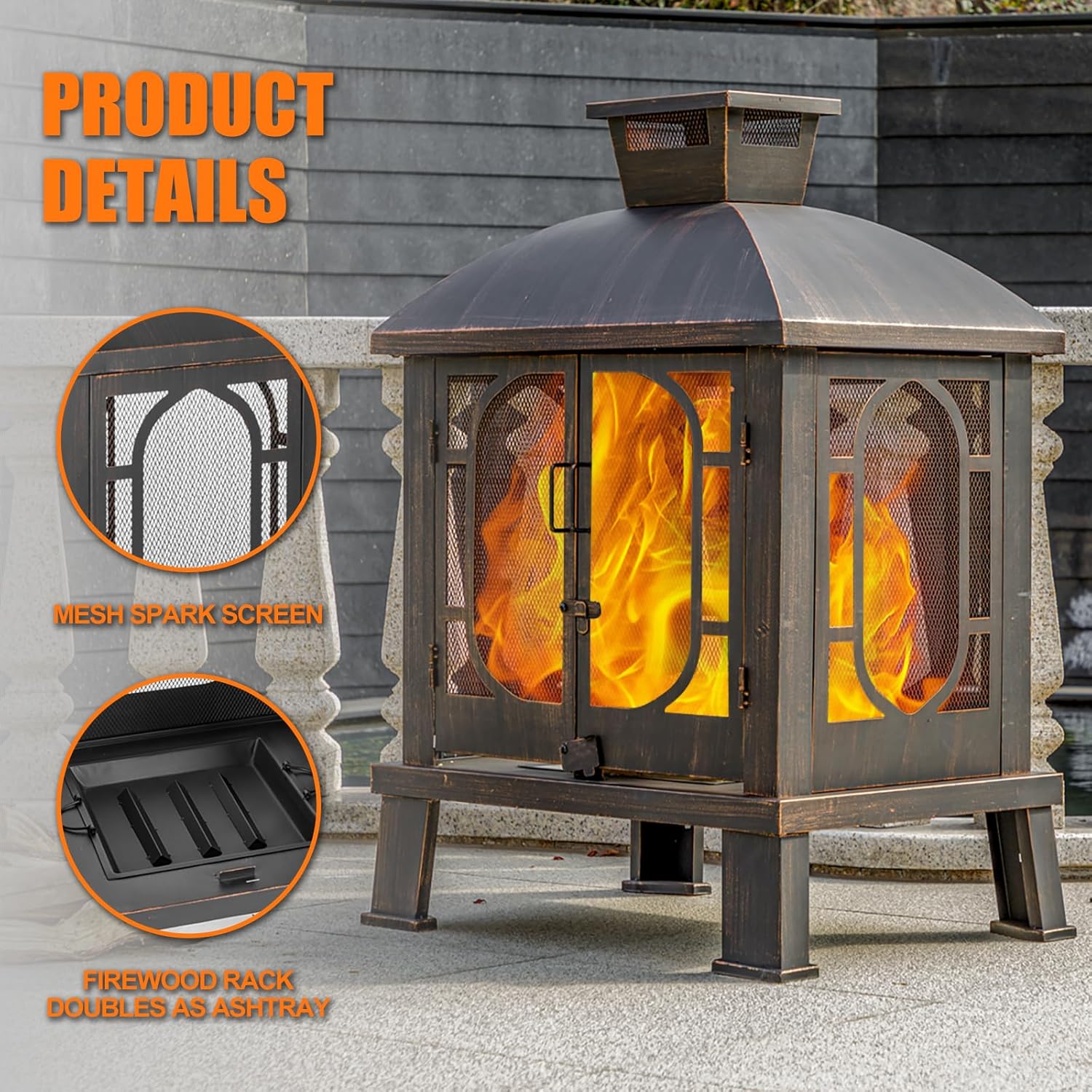 Panovue 45' H×31''W Metal Chiminea Fire Pit with Grill, Wood Burning Fire Pits for Outside,Square Chimineas Fireplace with Mesh Spark Screen Door& Fire Poker for Garden,Yard,BBQ,Bonfire (Black&Gold)