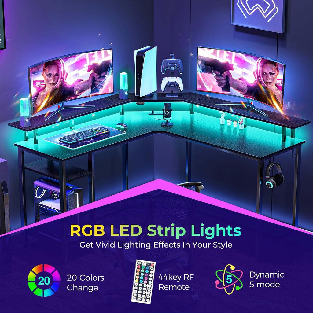 Rolanstar L Shaped Gaming Desk with LED Lights & Power Outlets, 53' Computer Desk with Full Monitor Stand & Storage Shelf, Corner Desk with Hooks, Black Desk Reversible