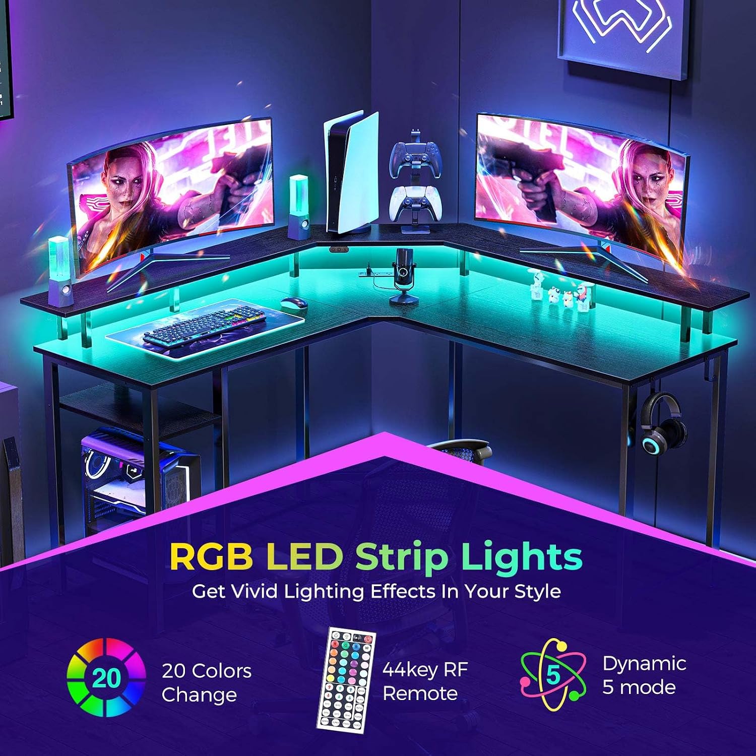 Rolanstar L Shaped Gaming Desk with LED Lights & Power Outlets, 53' Computer Desk with Full Monitor Stand & Storage Shelf, Corner Desk with Hooks, Black Desk Reversible
