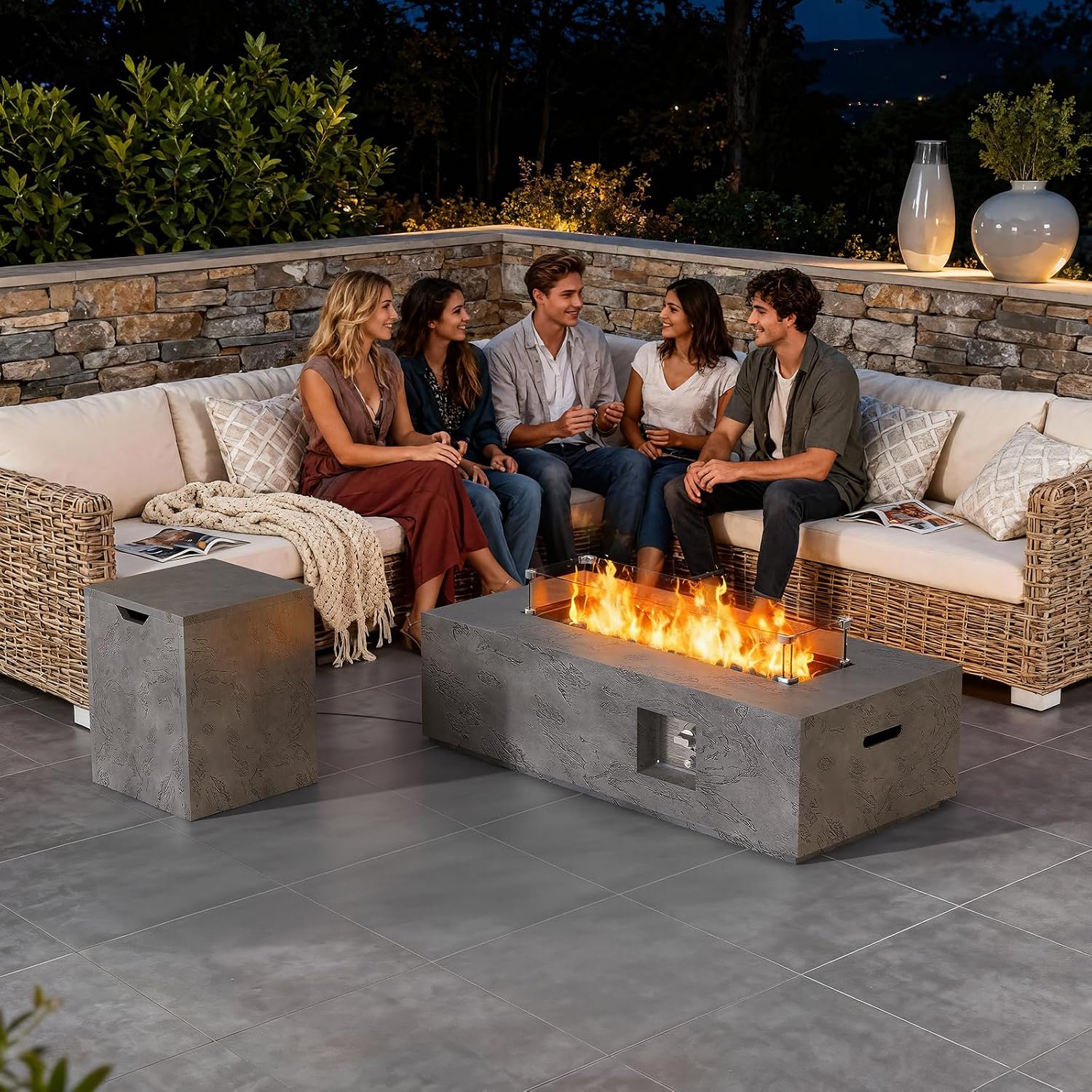 Dineli 2-Piece Outdoor Propane Fire Pit Table Set w Tank Table 42'' Rectangular Firepit with 50,000 BTU Output Gas Fire Pits for Outside Patio Fire Table Tabletop Fire Pits, Gray- Rock Veins