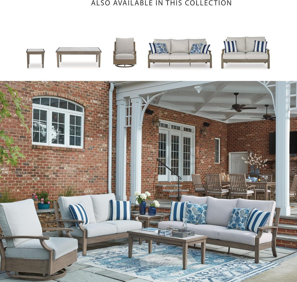 Signature Design by Ashley Rainier Ranch Casual Nuvella Weather Resistant Fabric, Outdoor Sofa with Cushion and 4 Accent Pillows, Light Brown & Light Gray