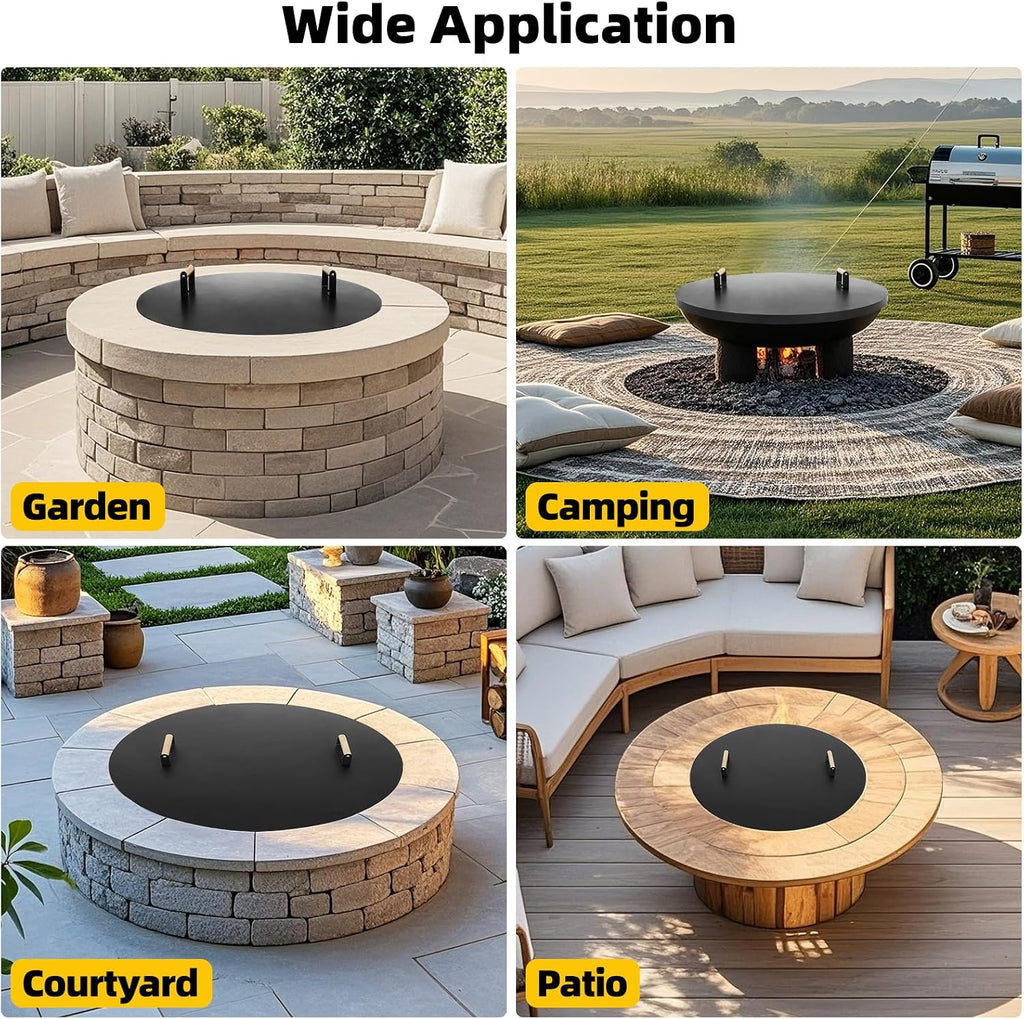 G GOOD GAIN Firepit Lid Round 36 Inch - Rust Resistant Fire Pit Lid Cover with Wooden Handle & Gloves, Fire Pit Snuffer Lid for Courtyards, Patio, Winter Cold Protection. Fits Fire Pits Up to 34'