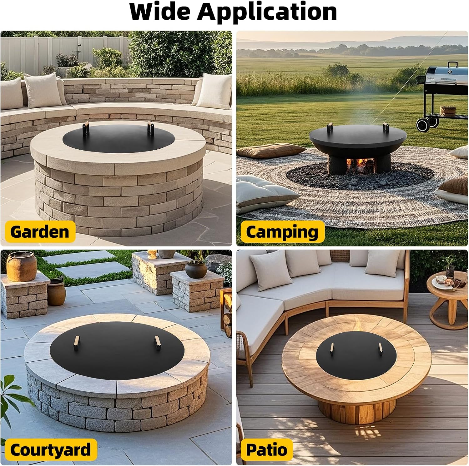 G GOOD GAIN Firepit Lid Round 36 Inch - Rust Resistant Fire Pit Lid Cover with Wooden Handle & Gloves, Fire Pit Snuffer Lid for Courtyards, Patio, Winter Cold Protection. Fits Fire Pits Up to 34'