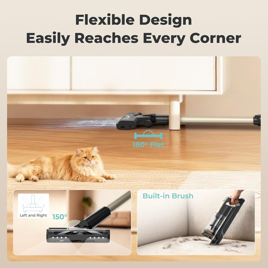 CANDY Cordless Vacuum Cleaner,65Mins Stick Vacuum Cleaners for Home,400W/190AW Powerful Suction,Anti-Tangle,LED Display,Self-Standing,One-Click Clean,Handheld,Hardwood Floor/Carpet/Pet Hair,CVS30