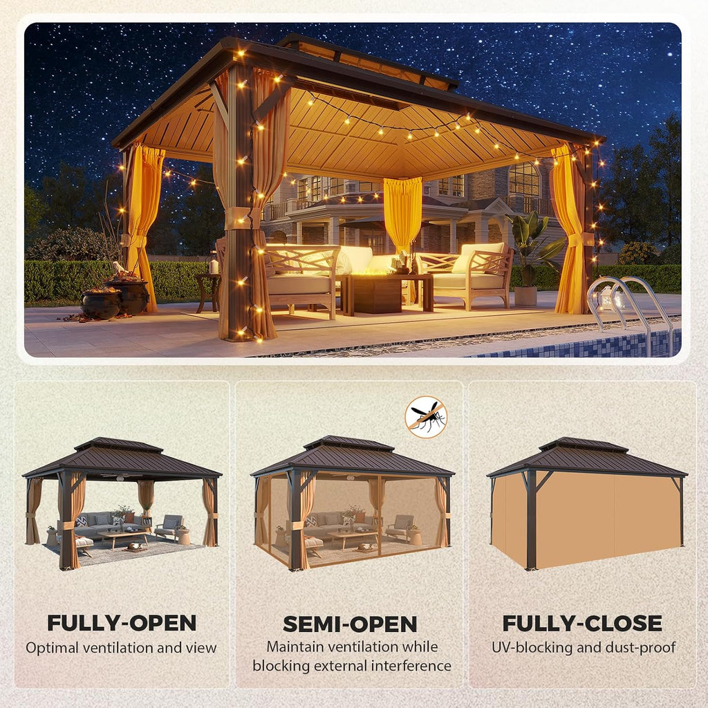 YOLENY 12' x 16' Gazebo Hardtop with Aluminum Frame,Galvanized Steel Double Roof Gazebos with Curtain and Netting,Outdoor Metal Pergolas for Garden, Lawn, Deck, Brown