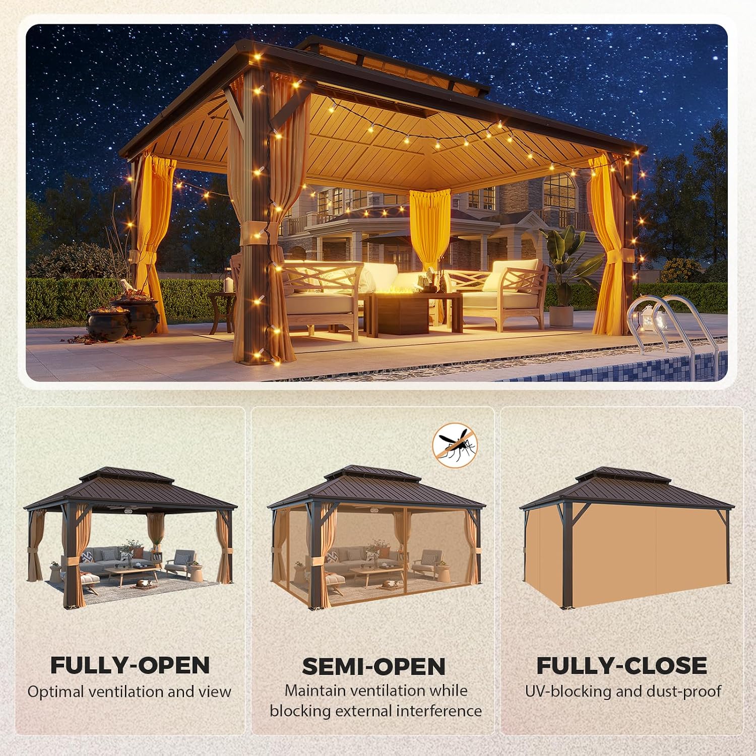 YOLENY 12' x 16' Gazebo Hardtop with Aluminum Frame,Galvanized Steel Double Roof Gazebos with Curtain and Netting,Outdoor Metal Pergolas for Garden, Lawn, Deck, Brown